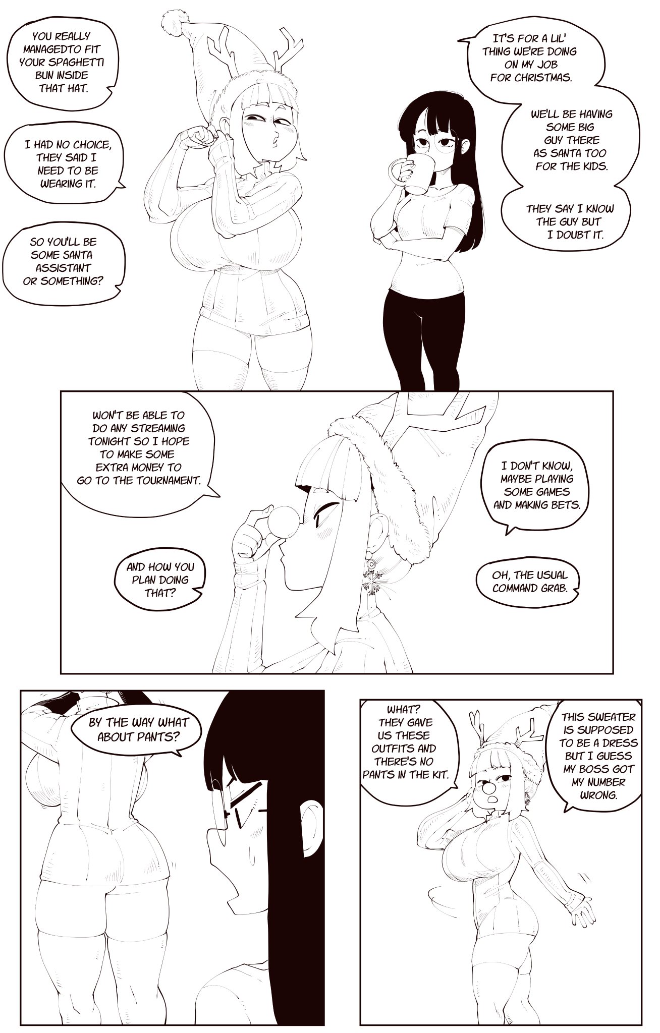 asian latina, ass, big ass, big breasts, black and white, breasts, christmas, comic, command grab, elf female, female, latina, monochrome, nuclearwasabi, speech bubble, text
