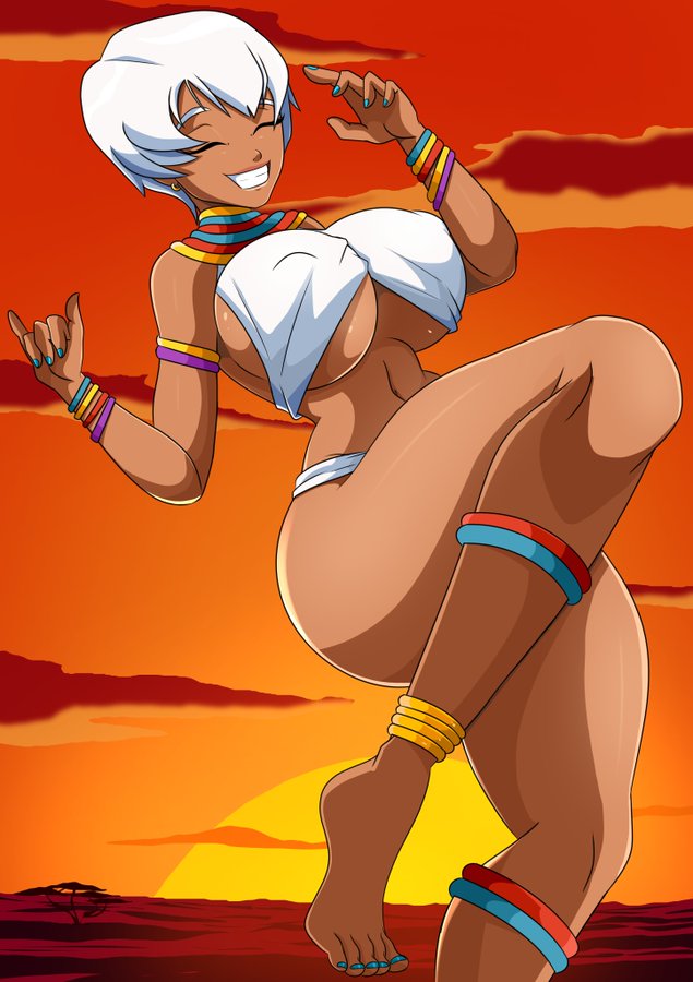 barefoot, big breasts, breasts, capcom, colored background, dark skin, dark-skinned female, elena (street fighter), female, female only, nipples, nipples visible through clothing, short hair, smile, solo, solo female, solo focus, sonson-sensei, street fighter, white hair