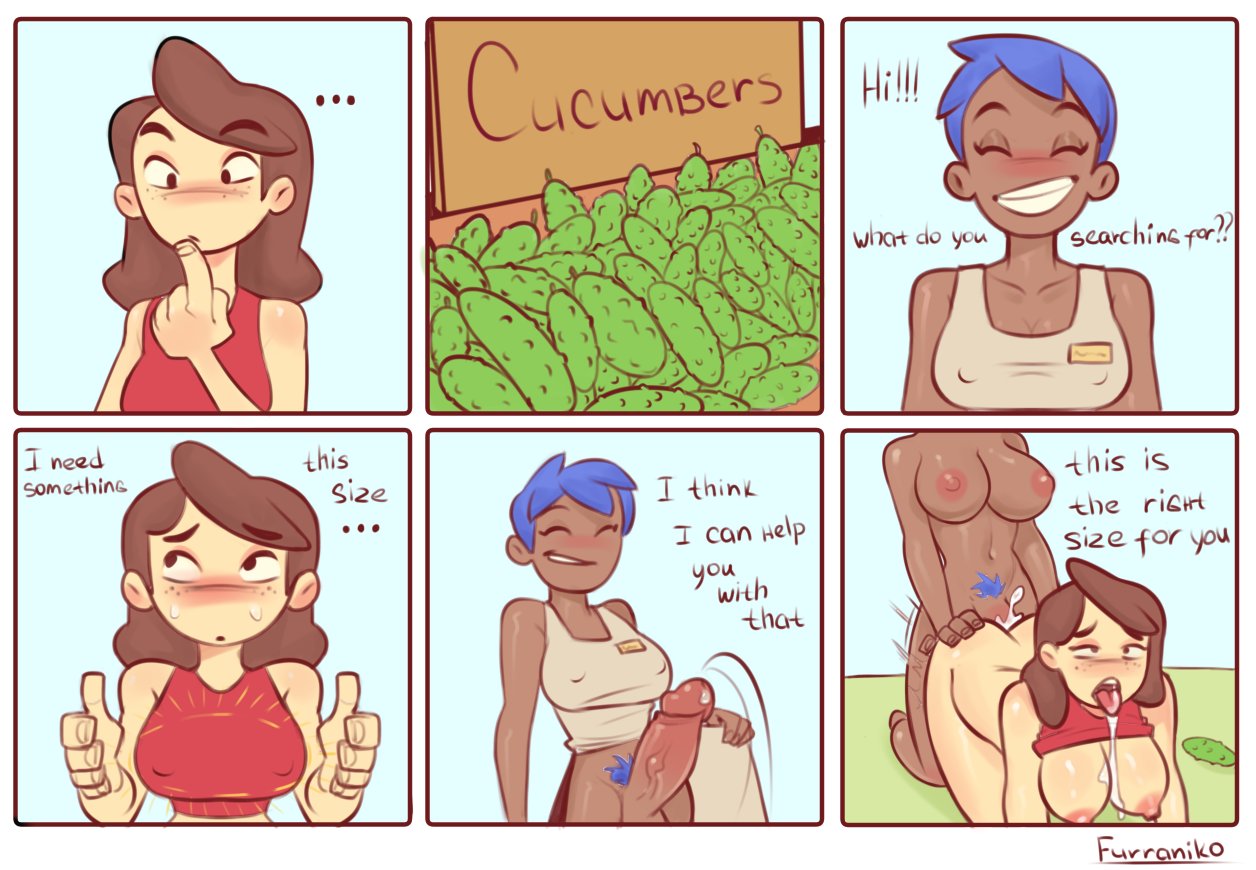 blue_hair blush clothing comic cucumber cum cum_inside dark-skinned_futanari dialogue furraniko futa_on_female futanari interracial nervous pale-skinned_female pubic_hair short_hair story