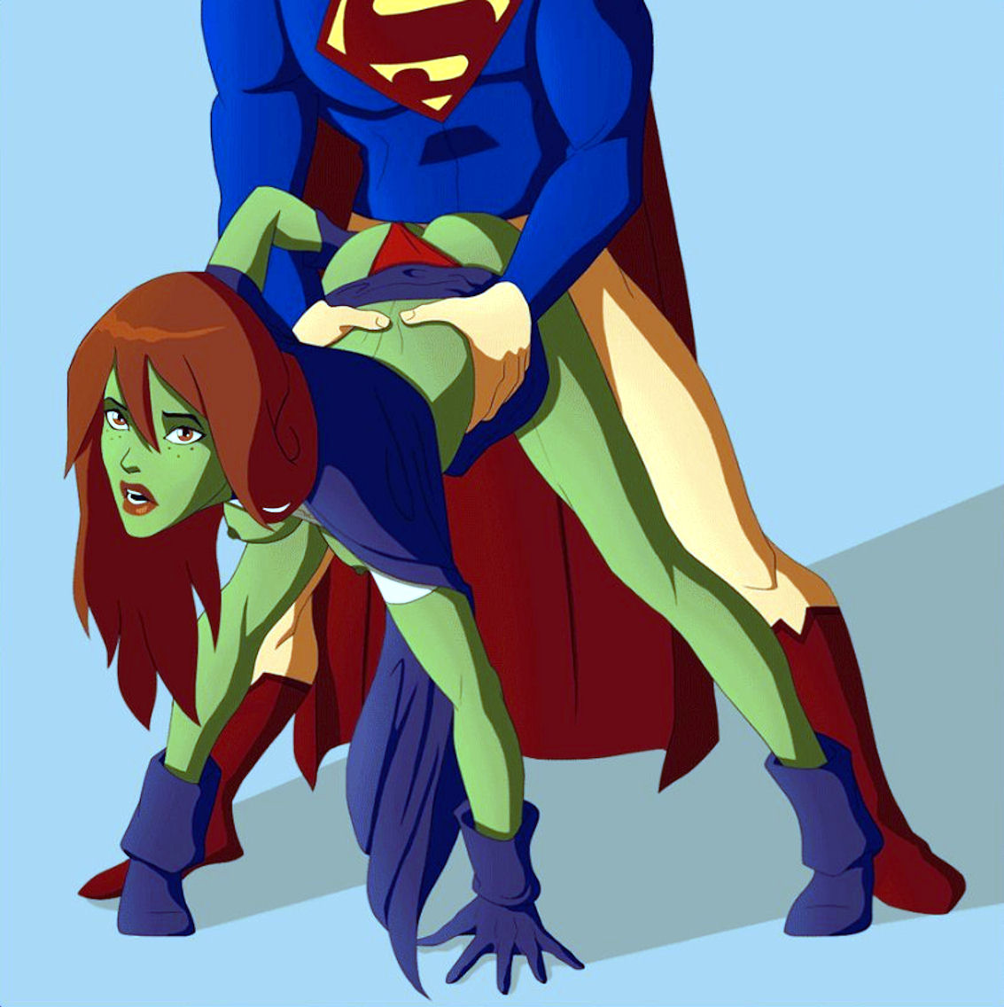 all_fours brown_eyes clothed clothing dc dc_comics doggy_style freckles from_behind gloves green_skin hands_on_hips megan_morse miss_martian muscles muscular muscular_male panties_aside red_hair small_breasts small_waist superman superman_(series) young_justice