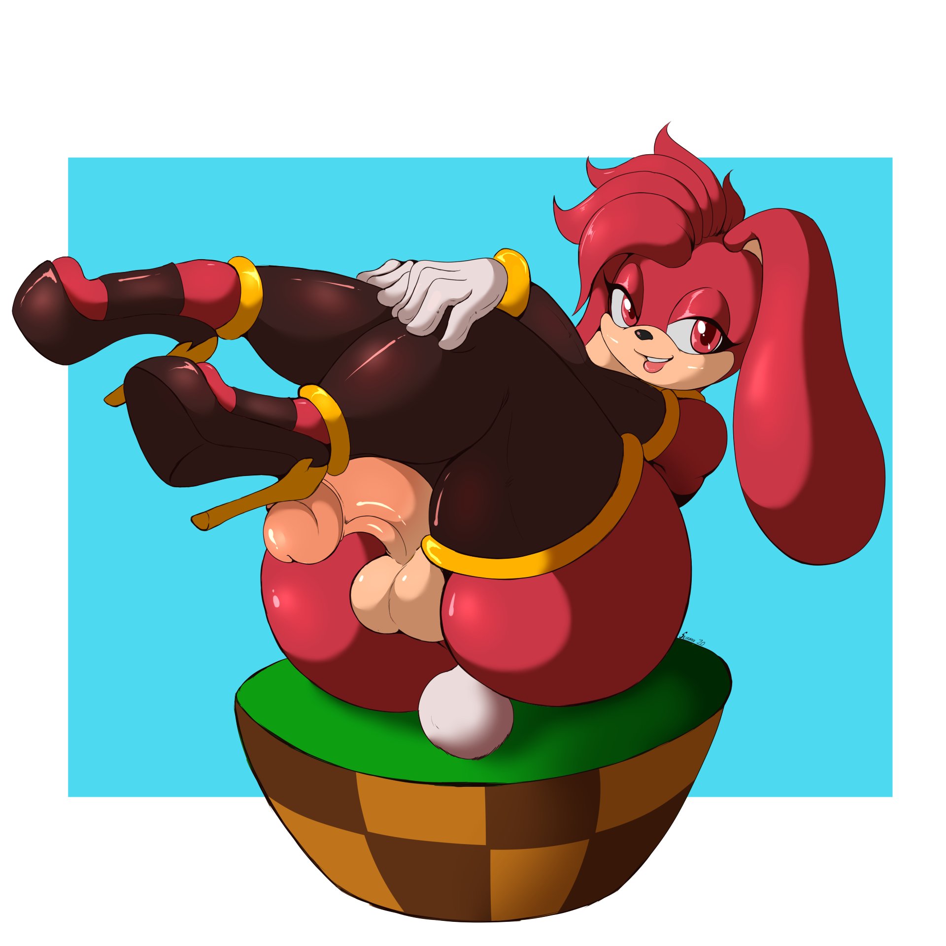 1boy, androgynous, anthro, balls, big penis, coco (picturd), crossdressing, erection, eyelashes, fan character, femboy, furry, girly, gloves, half-closed eyes, high heels, lagomorph, legs up, looking at viewer, male, male only, penis, rabbit, simple background, sitting, smile, solo, sonic (series), stockings, suirano, thick thighs, thighhighs, thighs, trap