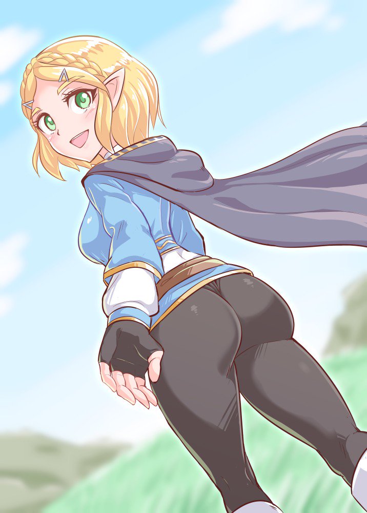1girls, ass, blonde hair, blush, breasts, breath of the wild, cougar1404, female, green eyes, huge ass, nintendo, open mouth, pants, pointy ears, princess zelda, short hair, sideboob, smile, tears of the kingdom, the legend of zelda, zelda (tears of the kingdom)