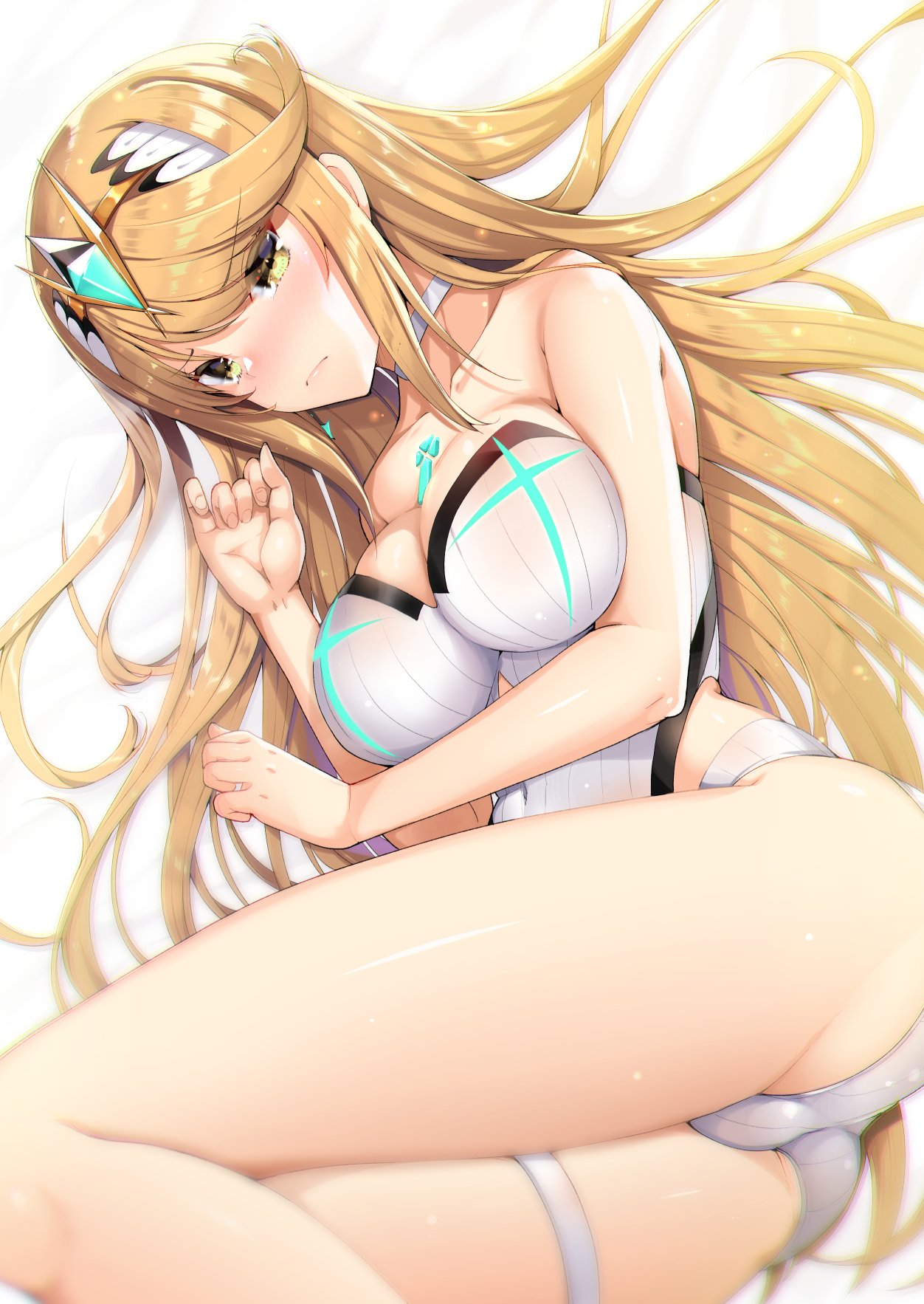 1girls absurdres akahito bare_shoulders blonde_hair blush breasts choker cleavage closed_mouth collarbone covered_navel eyebrows_visible_through_hair eyes_visible_through_hair female female_focus highres hikari_(xenoblade_2) large_breasts laying_down laying_on_side long_hair looking_at_viewer lying matching_hair/eyes mythra nintendo one-piece_swimsuit solo striped swimsuit thigh_strap thighs vertical-striped_swimsuit vertical_stripes xenoblade_(series) xenoblade_chronicles_2 yellow_eyes