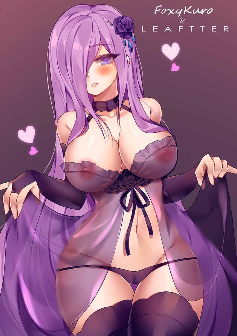 1girls ass_visible_through_thighs babydoll bare_shoulders blush collaboration female foxykuro hair_ornament hair_over_one_eye halterneck heart kuro_(foxykuro) leaftter lingerie long_hair looking_at_viewer navel nipples original panties purple_eyes purple_hair see-through simple_background smile solo thigh_gap thighhighs underwear very_long_hair wide_hips