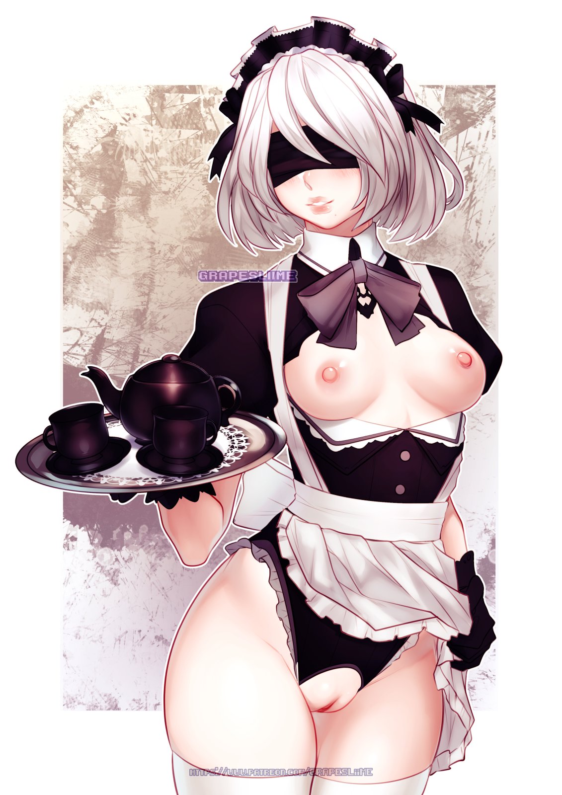 1girls apron blindfold blouse breasts crotchless_clothes crotchless_leotard exposed_breasts exposed_pussy female female_only grapesliime lipstick maid maid_headdress makeup medium_breasts mole nier:_automata nipples panties pussy shirt short_hair source_request stockings tagme tea_tray teacup teapot white_hair yorha_2b