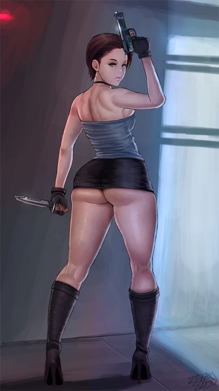 1girls, ass, boots, breasts, brown hair, capcom, dress, female, female only, firearm, from behind, gun, handgun, huge ass, jill valentine, jill valentine (julia voth), knife, looking back, miniskirt, resident evil, resident evil 3, short hair, sideboob, skirt, solo, tight skirt, tubetop, weapon, zefra bleu