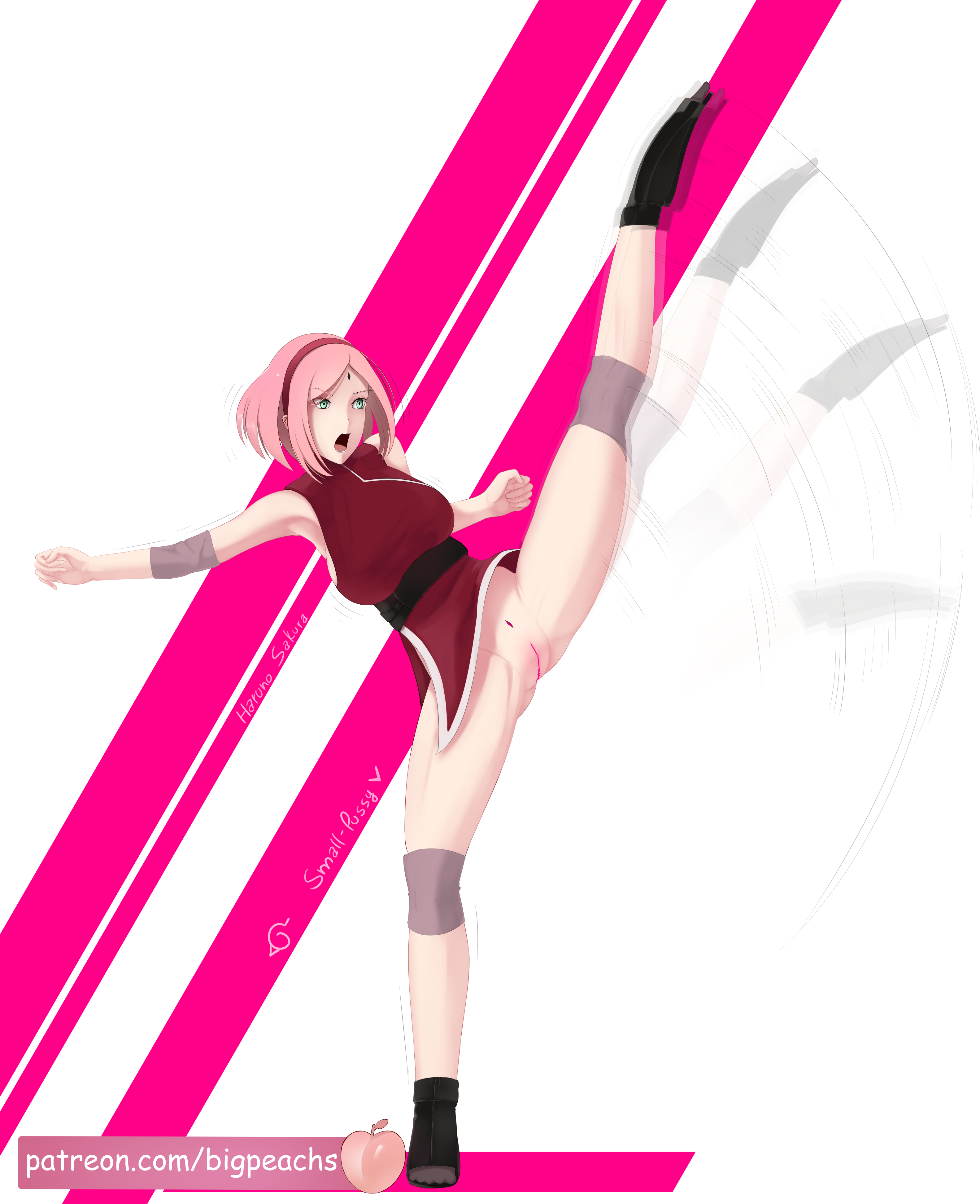 1girls, bigpeachs, female, female only, fighting, flexible, green eyes, half-dressed, kicking, light skin, light-skinned female, naruto, naruto (series), naruto: the last, no panties, one leg up, open mouth, partially clothed, pink hair, pubic hair, puririn (puririiin), pussy, sakura haruno, solo