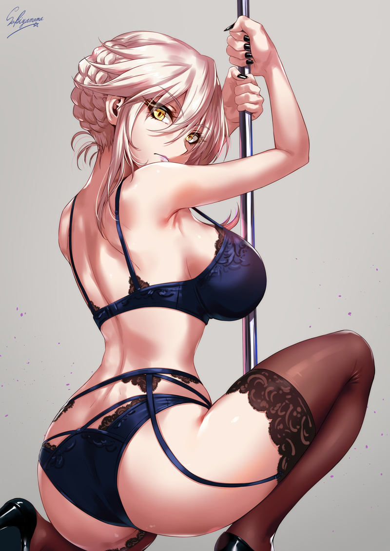 1girls, armpits, artoria pendragon, artoria pendragon (lancer alter), ass, bra, breasts, clothed, fate (series), female, heels, kneeling, panties, pole, pole dancing, sakiyamama, sideboob, skimpy outfit, source request, thighhighs
