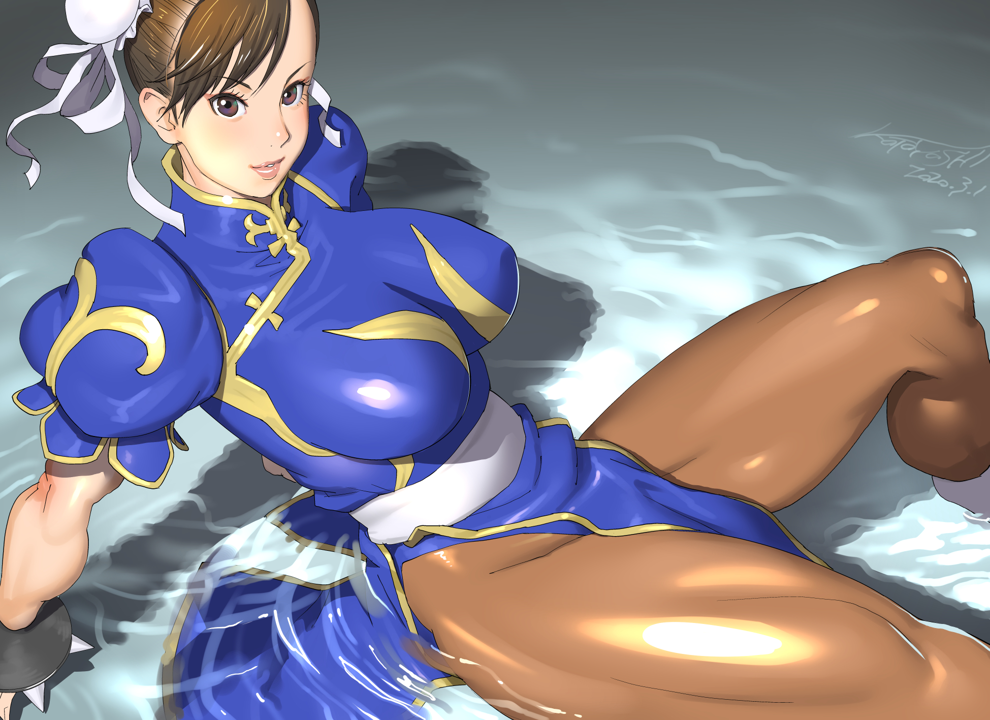 big breasts, breasts, brown eyes, brown hair, capcom, chinese clothes, chun-li, female, female only, hair bun, kotoyoshi, kotoyoshi yumisuke, long hair, nipples, nipples visible through clothing, pantyhose, solo, solo female, solo focus, street fighter, thick thighs