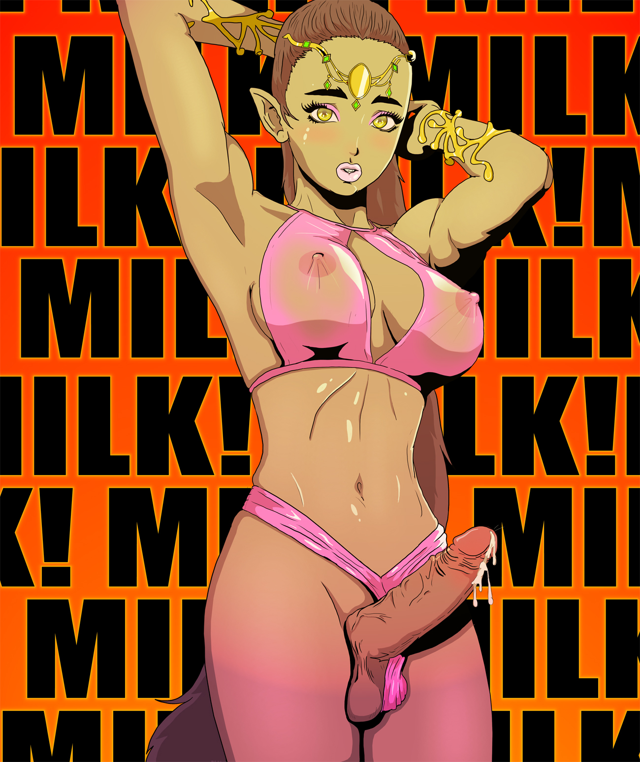 1futa, areolae, balls, balls bulge, balls in panties, balls under clothes, breasts, cleavage, cum, cum drip, cumshot, dark skin, dark-skinned female, dark-skinned futa, dickgirl, ejaculation, elf, erect nipples, erection, female, futa only, futanari, genie, hands-free, handsfree ejaculation, intersex, large breasts, nipple bulge, nipples, orgasm without stimulation, panties, panty bulge, penis, penis out, spontaneous ejaculation, spontaneous orgasm, wetrabbit