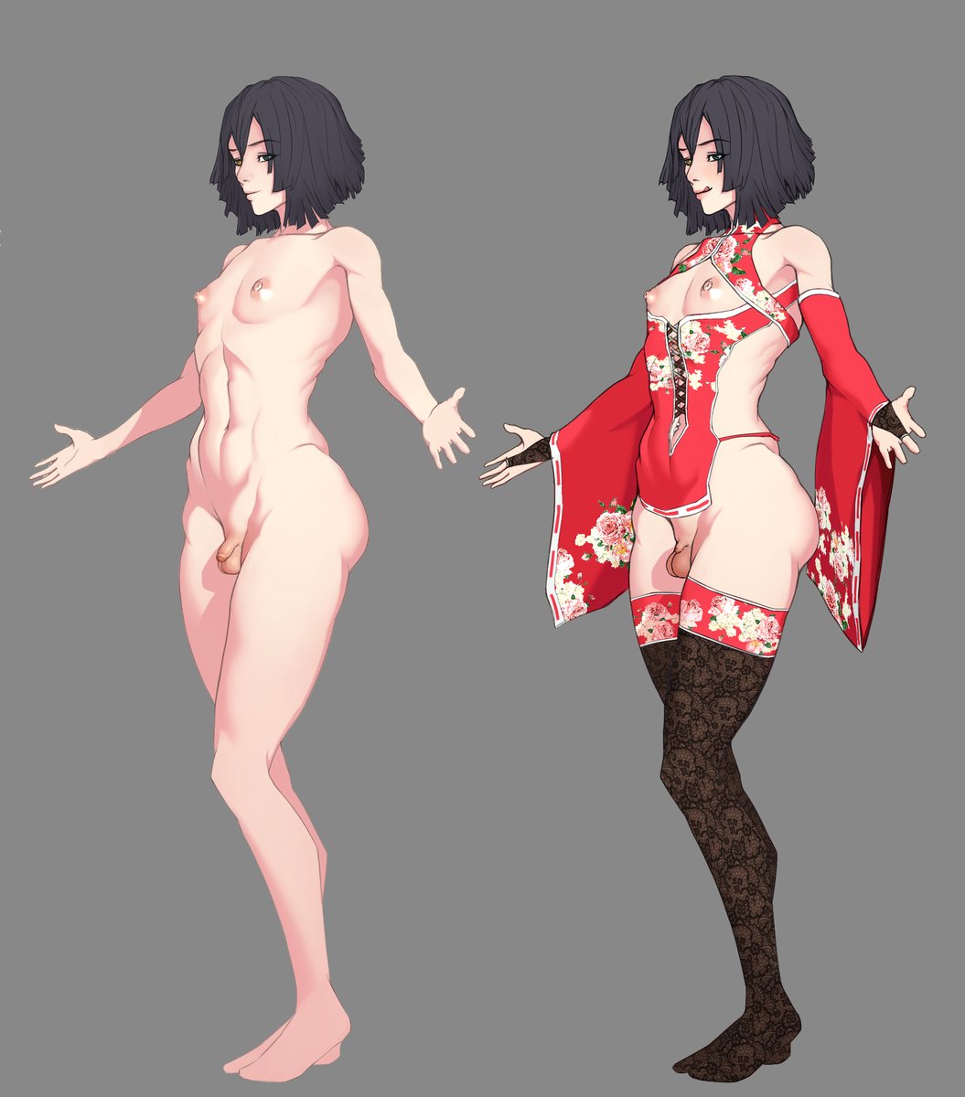 1boy, 624 (artist), asian clothing, balls, bare shoulders, big nipples, black hair, boob window, breasts, chinese clothes, demon slayer, detached sleeves, femboy, feminine male, feminization, full body, functionally nude, girly, iguro obanai, japanese clothes, keyhole, kimetsu no yaiba, licking lips, looking at viewer, male, male only, micropenis, nipples, nude, penis, revealing clothes, skimpy, skimpy clothes, small penis, stockings, testicles, thick thighs, trap, wide hips, wide sleeves