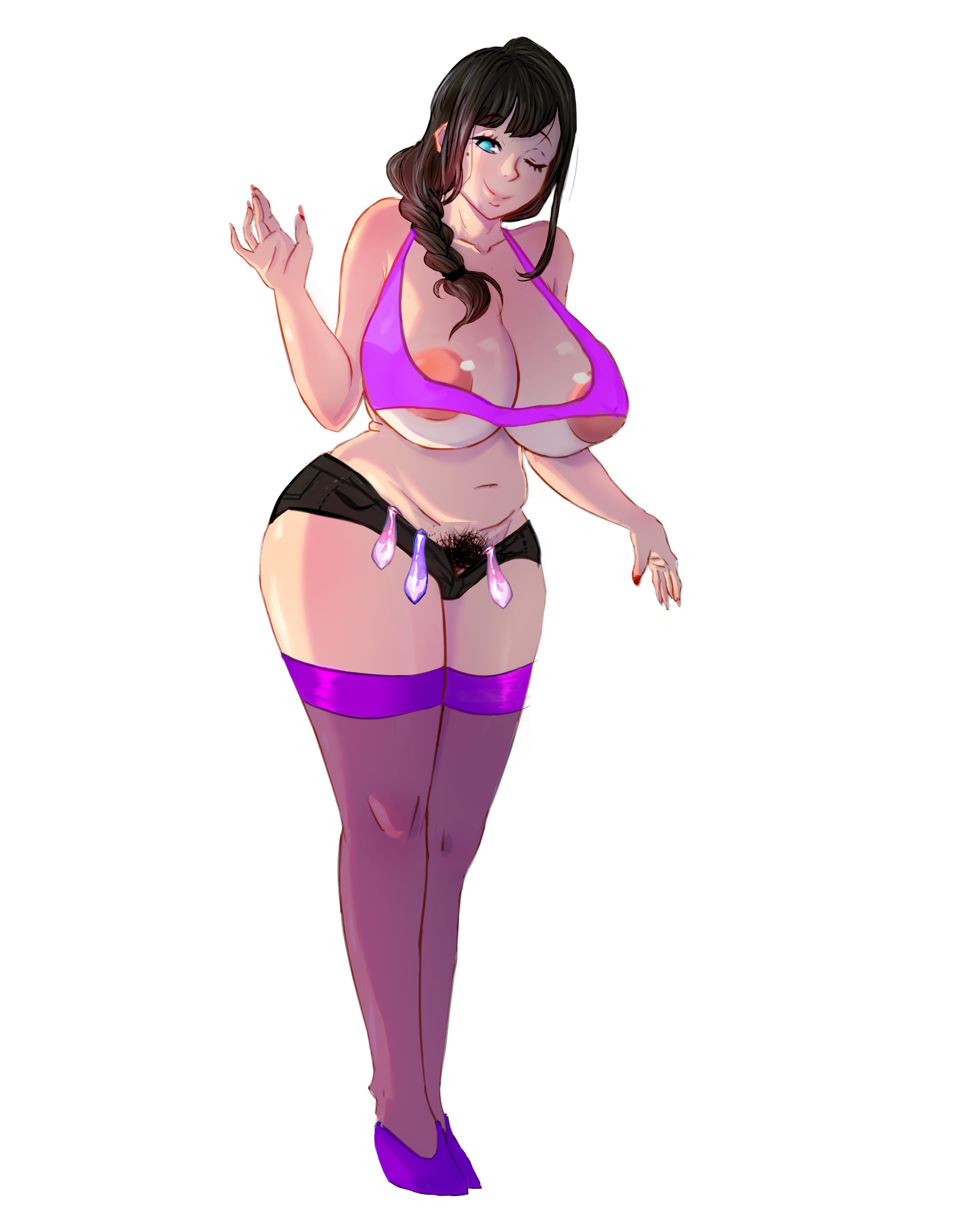 black hair, blue eyes, bra, braided ponytail, breasts, chubby, chubby female, condom, crop top, cum, female, huge areolae, huge breasts, mai arti, milf, mole under eye, nipples, one eye closed, panties, pubic hair, shoes, smile, thick thighs, thighhighs, underwear, used condom