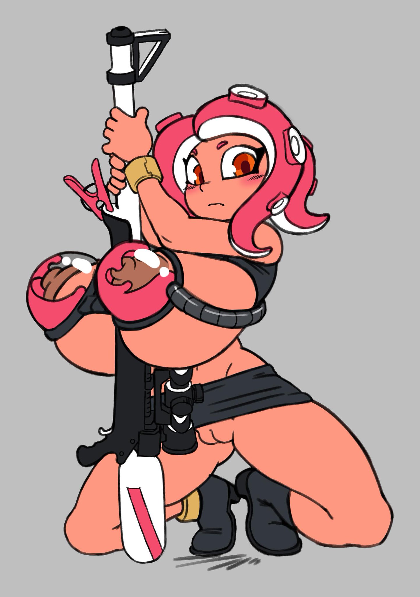 agent 8 (splatoon), angstrom, areolae, black skirt, blush, breasts, female, grey background, gun, huge breasts, hyper breasts, ink, lactating ink, lactation, looking at viewer, milking, milking machine, miniskirt, nintendo, nipples, no panties, octoling, pencil skirt, pussy, red eyes, shoes, skirt, skirt lift, splatoon, splatoon 2, tentacle hair, unusual lactation, weapon