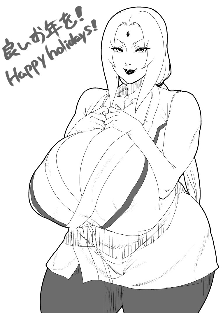 1girls alternate_breast_size chubby eye_contact female fully_clothed half-closed_eyes huge_breasts lipstick looking_at_viewer mature_female milf monochrome naruto numahana plump presenting source_request text thick thick_thighs tsunade voluptuous wide_hips