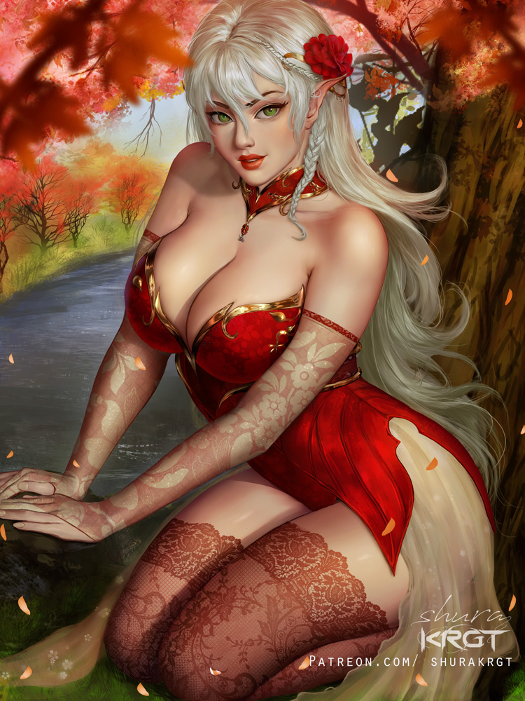 1girls big_breasts breasts cleavage elf female female_only large_breasts looking_at_viewer shurakrgt solo thighhighs