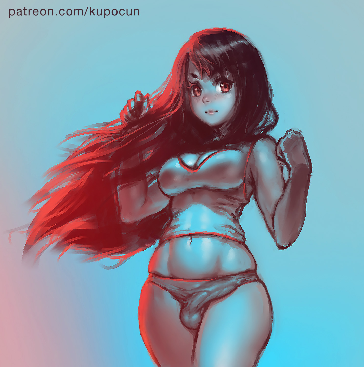 1futa, big breasts, breasts, bulge, cleavage, dickgirl, erection under clothes, futa only, futanari, intersex, kupocun, large breasts, looking at viewer, panties, penis, penis under clothes, solo, solo futa