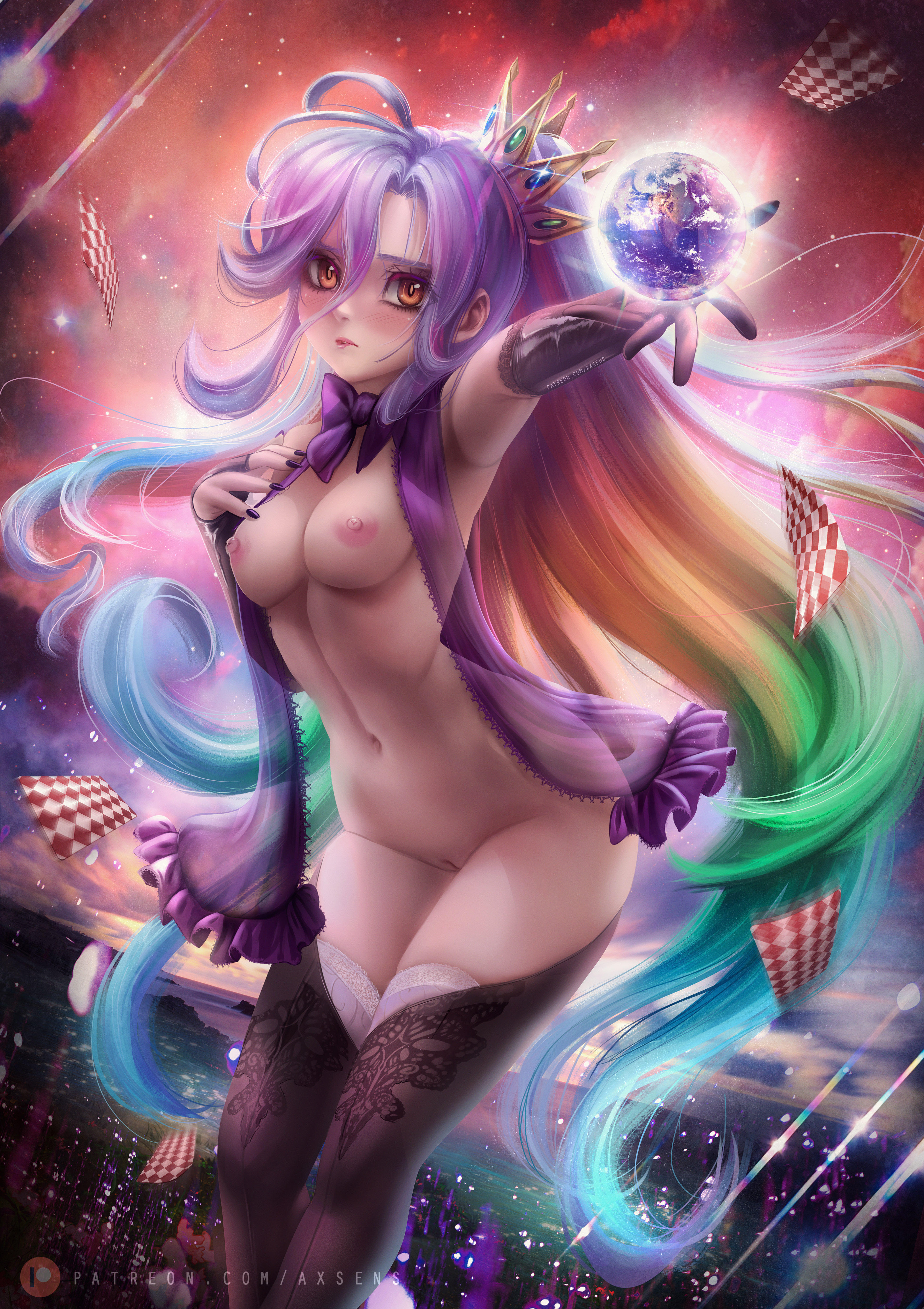 1girls, amber eyes, armpits, axsens, biting lip, blush, boobs, bowtie, breasts, card, crown, female, female only, hand on breast, highres, long hair, looking at viewer, nail polish, navel, no game no life, playing card, pussy, rainbow hair, shiro (no game no life), small breasts, solo, thighhighs