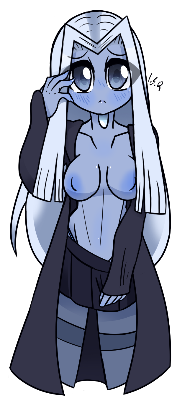 blue_eyes blue_skin blush byternomar crystal_gem cute dress fan_character female female_only long_hair medium_breasts nipples oc original original_character pulling_down_dress pulling_panties request white_hair