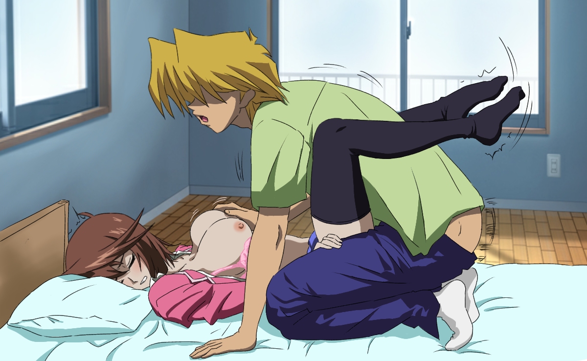 1boy, 1girls, big breasts, black socks, breasts, brown hair, female, joey wheeler, jounouchi katsuya, konami, male, mazaki anzu, mr trace mosha, nipples, no shoes, school uniform, sex, short hair, socks, source request, tea gardner, thigh socks, thighhighs, yu-gi-oh!, yuu-gi-ou duel monsters