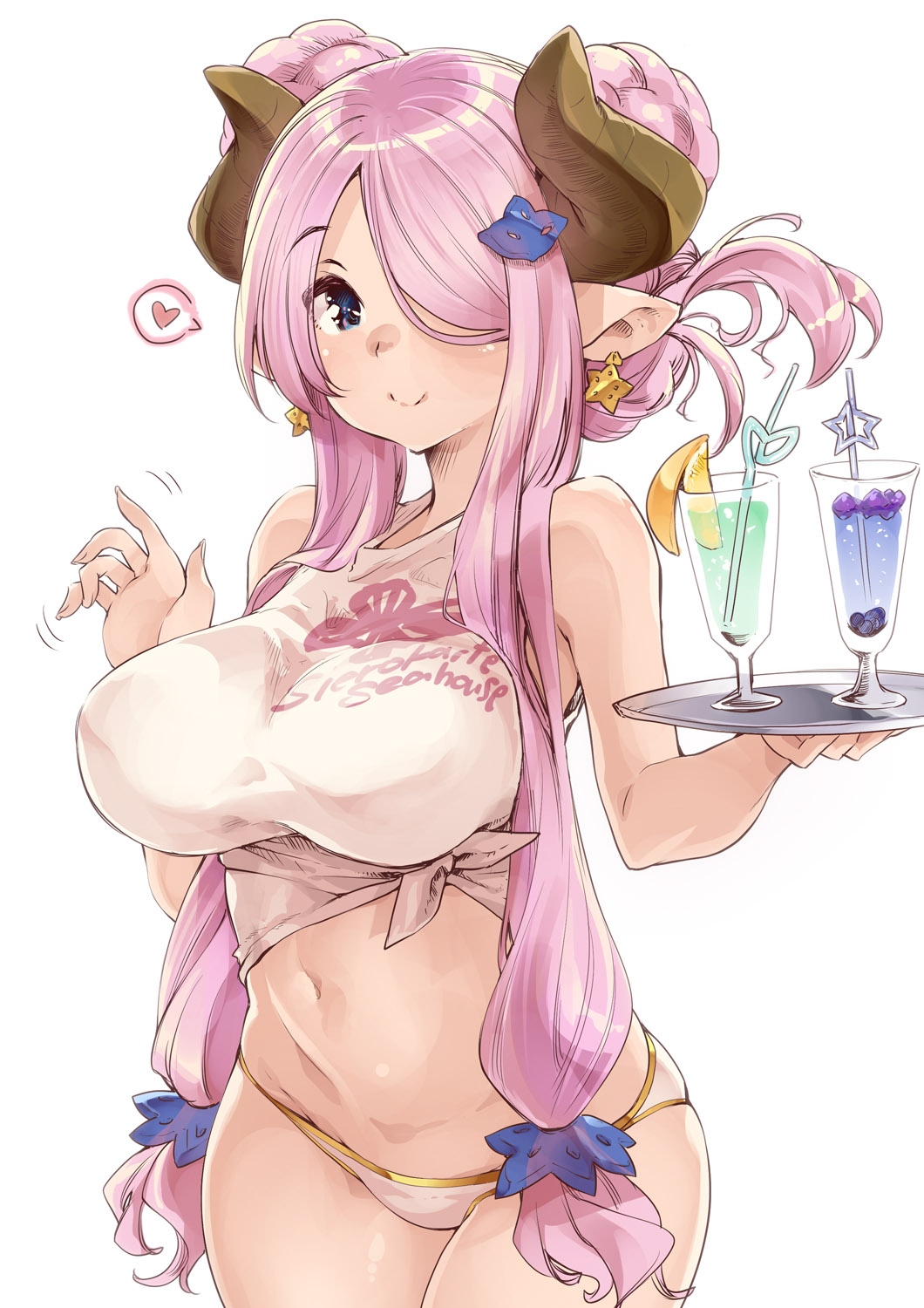 beverage blue_eyes breasts draph draph_race_(granblue_fantasy) female granblue_fantasy horn horns long_hair narmaya_(granblue_fantasy) panties pink_hair smile solo thomasz