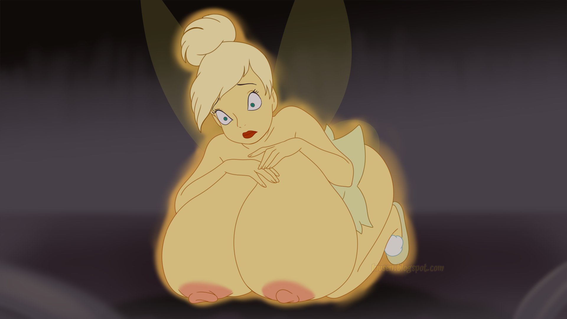 1girls, areolae, blonde hair, breasts, disney, disney fairies, edit, fae, faerie, fairy, fairy wings, female, female only, fey, hands on breasts, hyper breasts, insect wings, inusen, nipples, peter pan (disney), pixie, pixie wings, screenshot, screenshot edit, solo, surprised, tinker bell