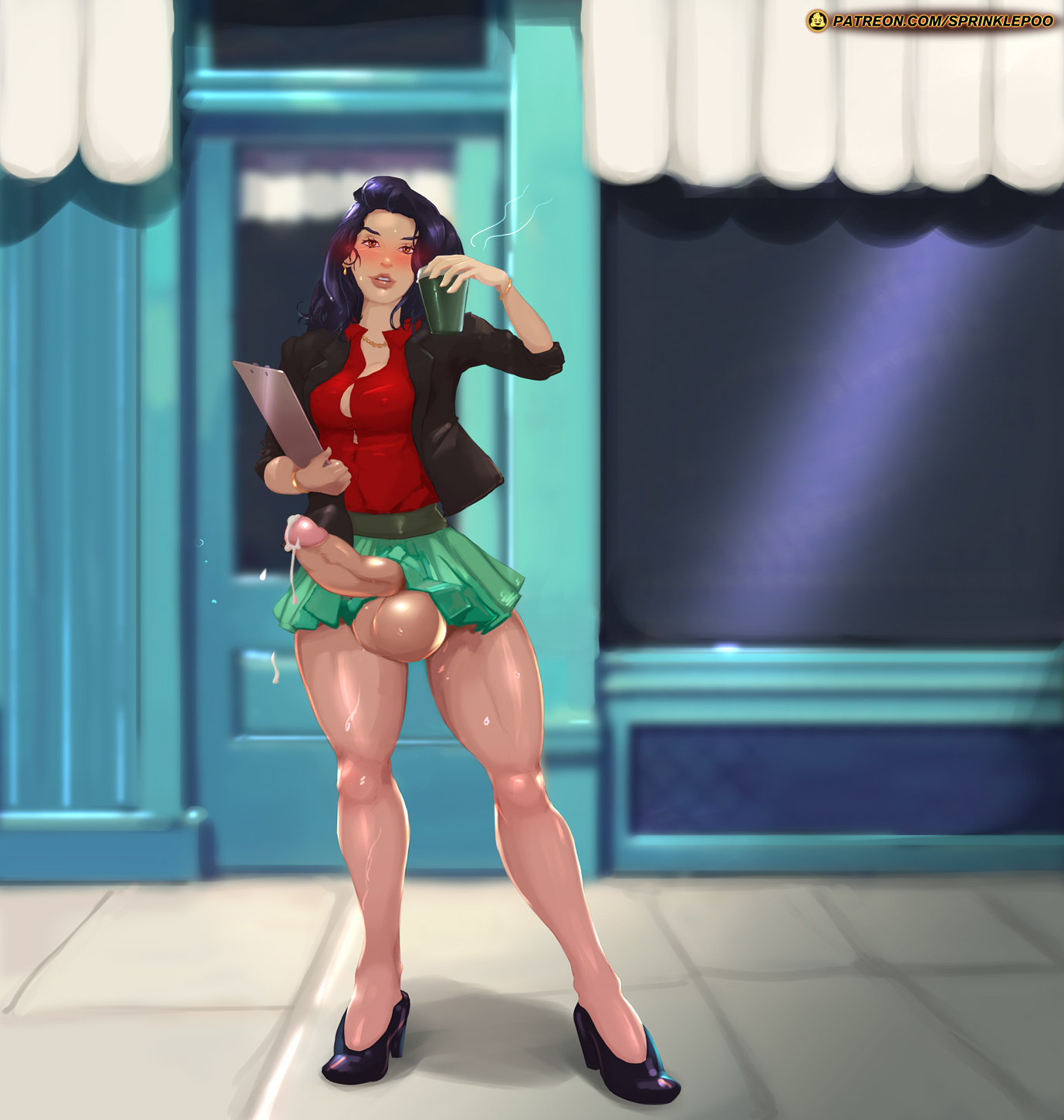 1futa, balls, balls under clothes, bottomless skirt, breasts, cleavage, cum, cum drip, cumshot, curvy, ejaculation, erect nipples, erection, erection under clothes, erection under skirt, futa only, futanari, hands-free, handsfree ejaculation, hyper, hyper balls, hyper penis, intersex, large breasts, looking at viewer, nipple bulge, nipples, no panties, orgasm without stimulation, outdoors, penis, penis out, penis under clothes, penis under skirt, public, skirt, skirt lift, solo, spontaneous ejaculation, spontaneous orgasm, sprinklepoo