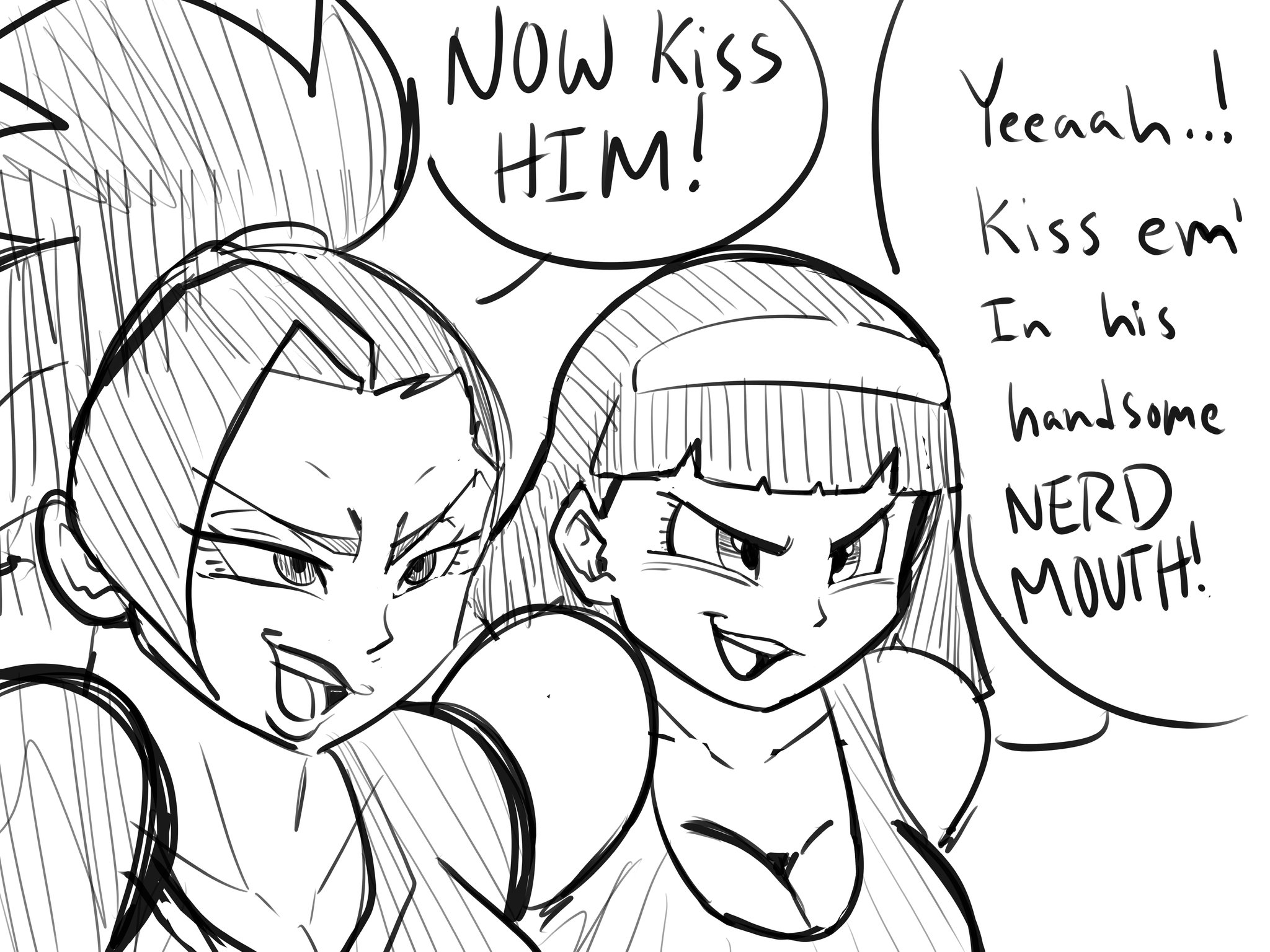 2girls, big breasts, breasts, dragon ball, dragon ball super, english text, female, female only, horny, kale, monochrome, multiple females, multiple girls, pseudocel, saiyan, sketch, swingers, text, videl, watching, white background