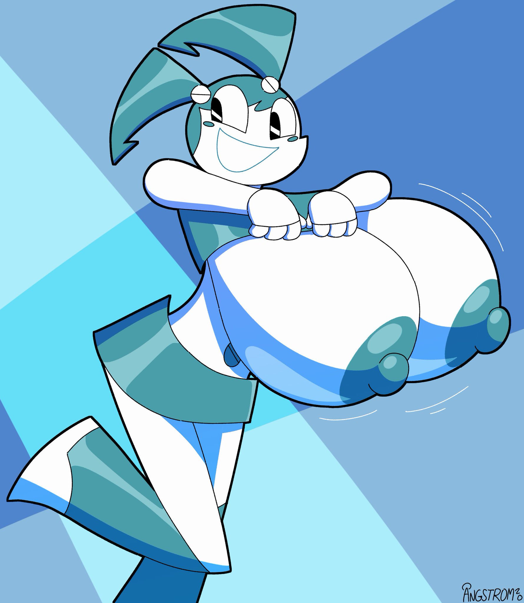 1girls, angstrom, artist name, big breasts, big nipples, blue hair, breasts, breasts out, female, female only, huge breasts, huge nipples, hyper nipples, jenny wakeman, limited palette, miniskirt, my life as a teenage robot, nickelodeon, nipples, presenting breasts, puffy nipples, robot, robot girl, signature, skirt, solo, solo female, swinging breasts, toony, top heavy, top lift, white body, xj-9
