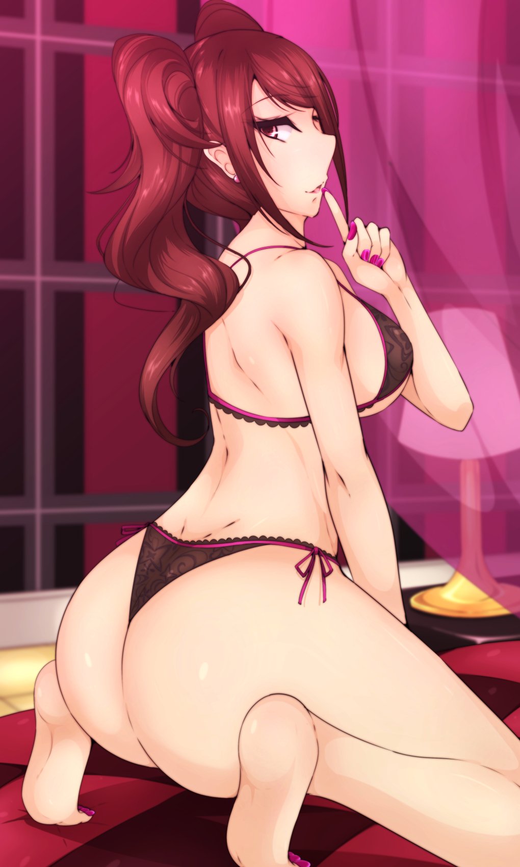 1girls ass atlus brown_hair byakkun crouching female huge_ass kujikawa_rise lingerie looking_back painted_nails persona persona_4 red_eyes sideboob solo twintails