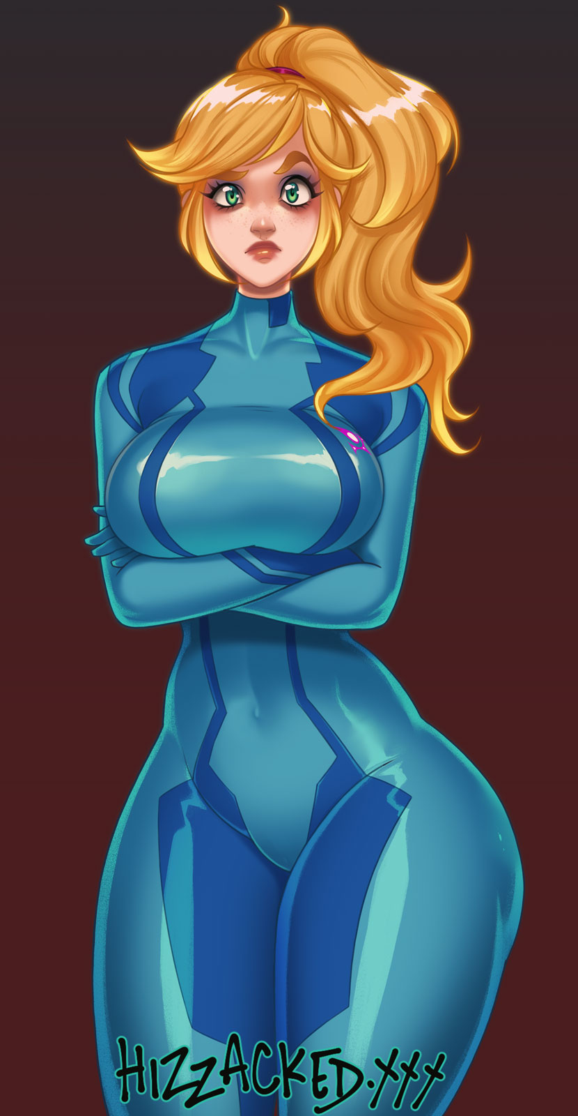 1girls, big breasts, blonde, blonde hair, bodysuit, breasts, cleavage, female, female only, green eyes, hizzacked, hourglass figure, large breasts, metroid, nintendo, samus aran, sci-fi, science fiction, scifi, solo, solo female, thick thighs, url, wide hips, zero suit samus