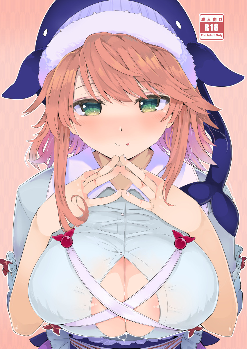 animal_hat blue_shirt blush breasts brown_hair cleavage closed_mouth collared_shirt cum cum_on_body cum_on_breasts cum_on_upper_body female fingers_together gradient_hair green_eyes hands_up hat highres large_breasts light_smile long_hair looking_at_viewer multicolored_hair okunoda_miyoi pink_hair puuakachan sash shirt sidelocks solo tongue tongue_out touhou upper_body whale_hat