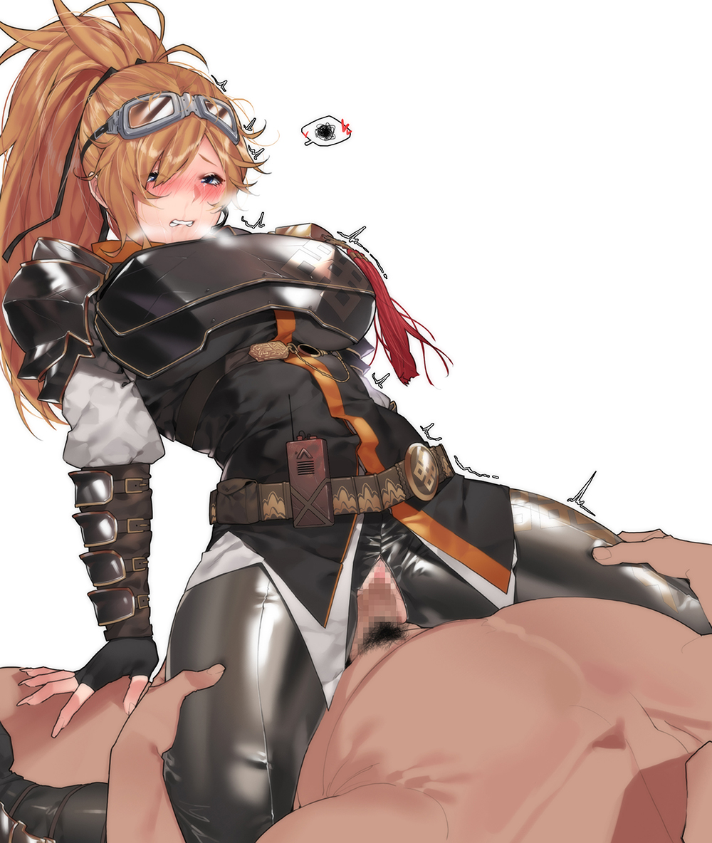 1boy arm_support armor belt biting biting_lip black_gloves black_shirt blue_eyes blush breastplate breasts censored clothed_female_nude_male cowgirl_position crying crying_with_eyes_open dungeon_and_fighter dungeon_fighter_online eyewear_on_head female female_gunner_(dungeon_and_fighter) fingerless_gloves gloves goggles goggles_on_head grey_pants hair_over_one_eye heart high_ponytail large_breasts leaning_back long_hair mimyo mosaic_censoring nose_blush nude orange_hair pants penis ponytail pussy sex shiny shiny_clothes shirt simple_background solo_focus spread_legs straddling straight tears thigh_grab torn_clothes torn_pants trembling underbust utility_belt vaginal_penetration walkie-talkie white_background