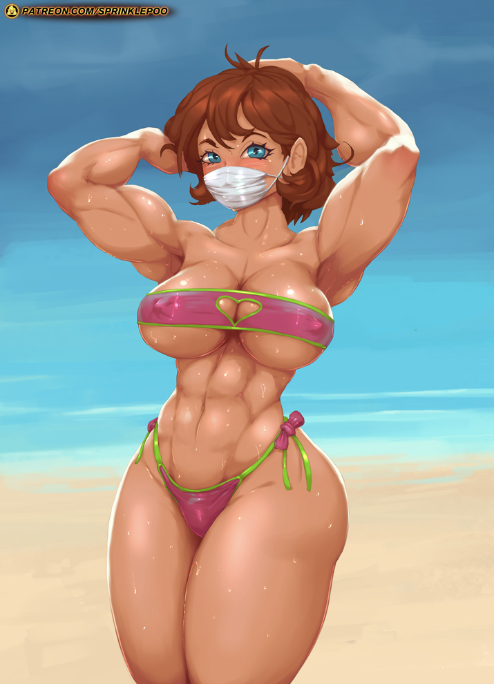 1girls, abs, big breasts, breasts, cleavage, erect nipples, female, female only, large breasts, looking at viewer, mask, muscles, muscular, muscular female, nipples, solo, sprinklepoo, sweat, thick thighs, wide hips