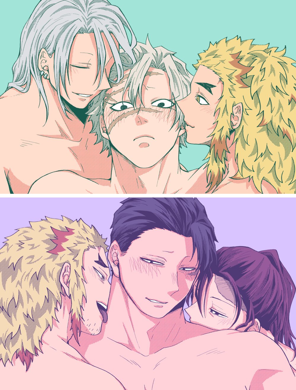 6+boys 6boys black_hair blonde_hair blush demon_slayer dilf facial_scar frown gay hair_down kamado_tanjurou kimetsu_no_yaiba koshoinfo kyogo_shinazugawa licking looking_at_viewer male male_only multiple_boys multiple_images neck_lick nude nuzzling rengoku_kyoujurou rengoku_shinjurou sanemi_shinazugawa scar scars smile stubble thick_eyebrows topless topless_male two_tone_hair upper_body uzui_tengen white_hair yaoi