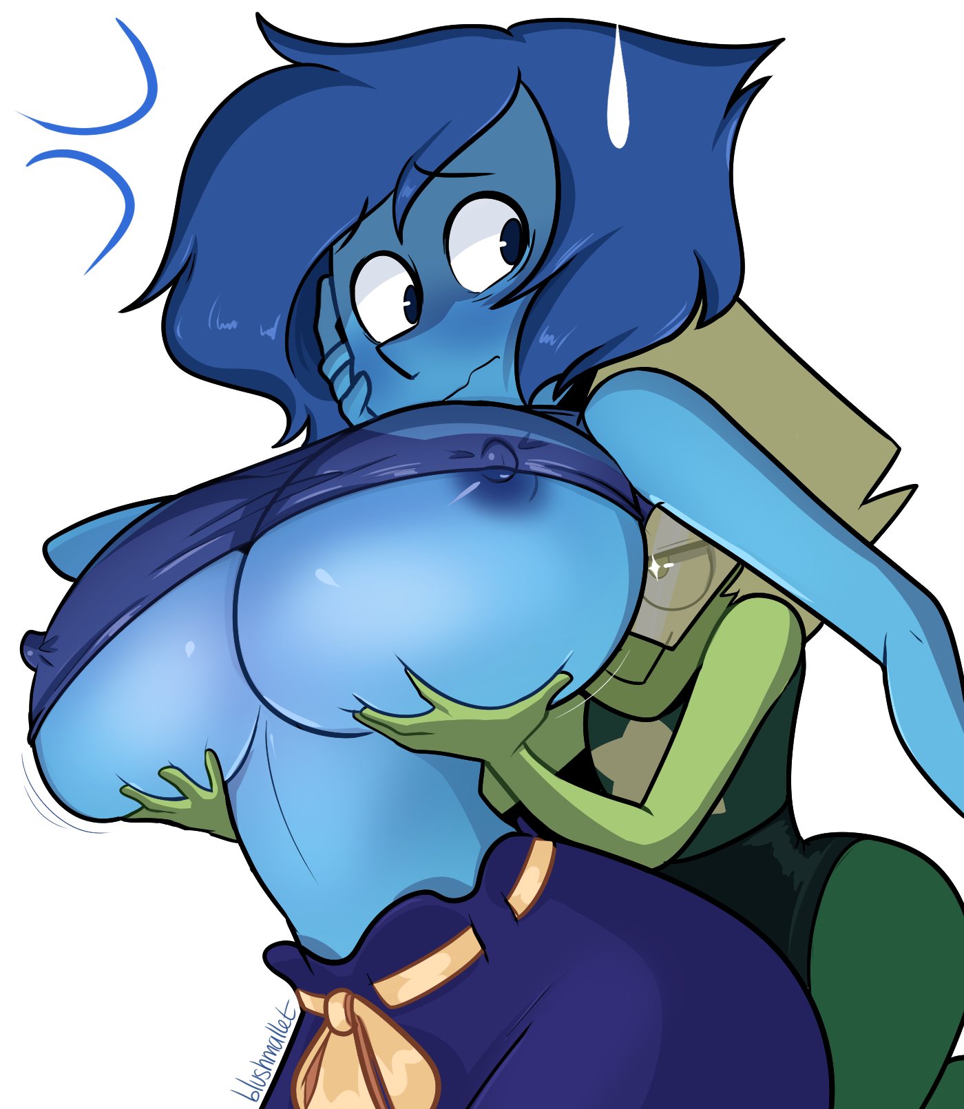 2girls, alien, alien girl, alien humanoid, areolae, artist name, big breasts, blonde hair, blue eyes, blue hair, blue skin, blushmallet, bottomwear, breast grab, breast jiggle, breast size difference, breasts, busty, cartoon network, clothed, clothed female, clothes, clothing, crop top, curvaceous, curvy, dark areola, dark nipples, duo, erect nipples, erect nipples under clothes, eyewear, female, female only, forehead jewel, from behind position, front view, fully clothed, gem (species), grabbing from behind, green body, green hair, green skin, groping, groping breasts, groping from behind, hair, height difference, hi res, huge breasts, humanoid, jiggle, jiggling breasts, lapis lazuli (steven universe), large breasts, lesbian, looking back, midriff, motion lines, multiple females, multiple girls, nervous, nipple bulge, nipple slip, nipples, pants, peridot (steven universe), short hair, simple background, smile, smiling, steven universe, stomach, tight clothing, tinted eyewear, topwear, underboob, upper body, visor, voluptuous, white background, wide hips, yuri