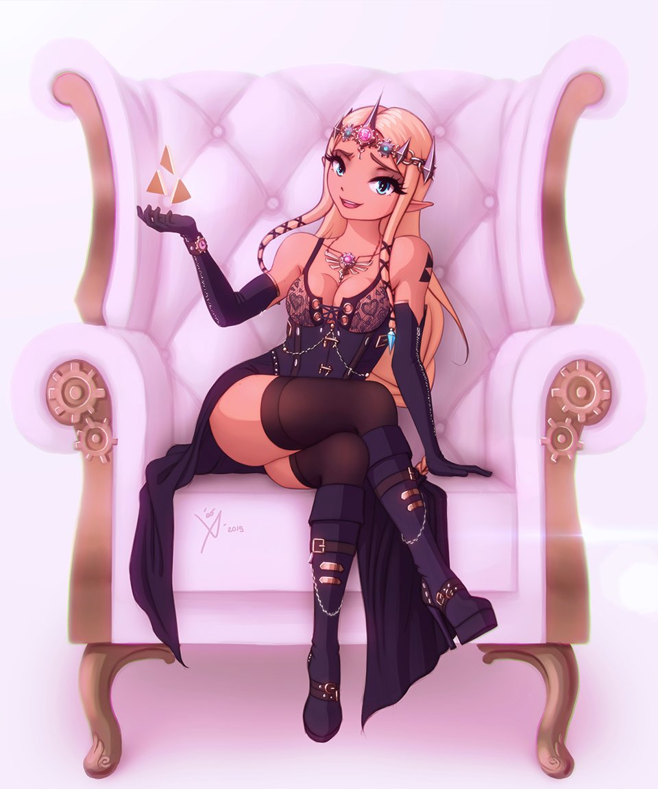 1girls, black dress, blonde hair, blue eyes, boots, breasts, chains, cleavage, crossed legs, crown, dress, female, high heels, hyrule warriors, jewelry, lace bra, leoqueval, long hair, makeup, medium breasts, necklace, princess zelda, sitting, solo, steampunk, stiletto heels, tan, tattoo, the legend of zelda, thighhighs, throne, triforce, watch, zelda (hyrule warriors), zipper