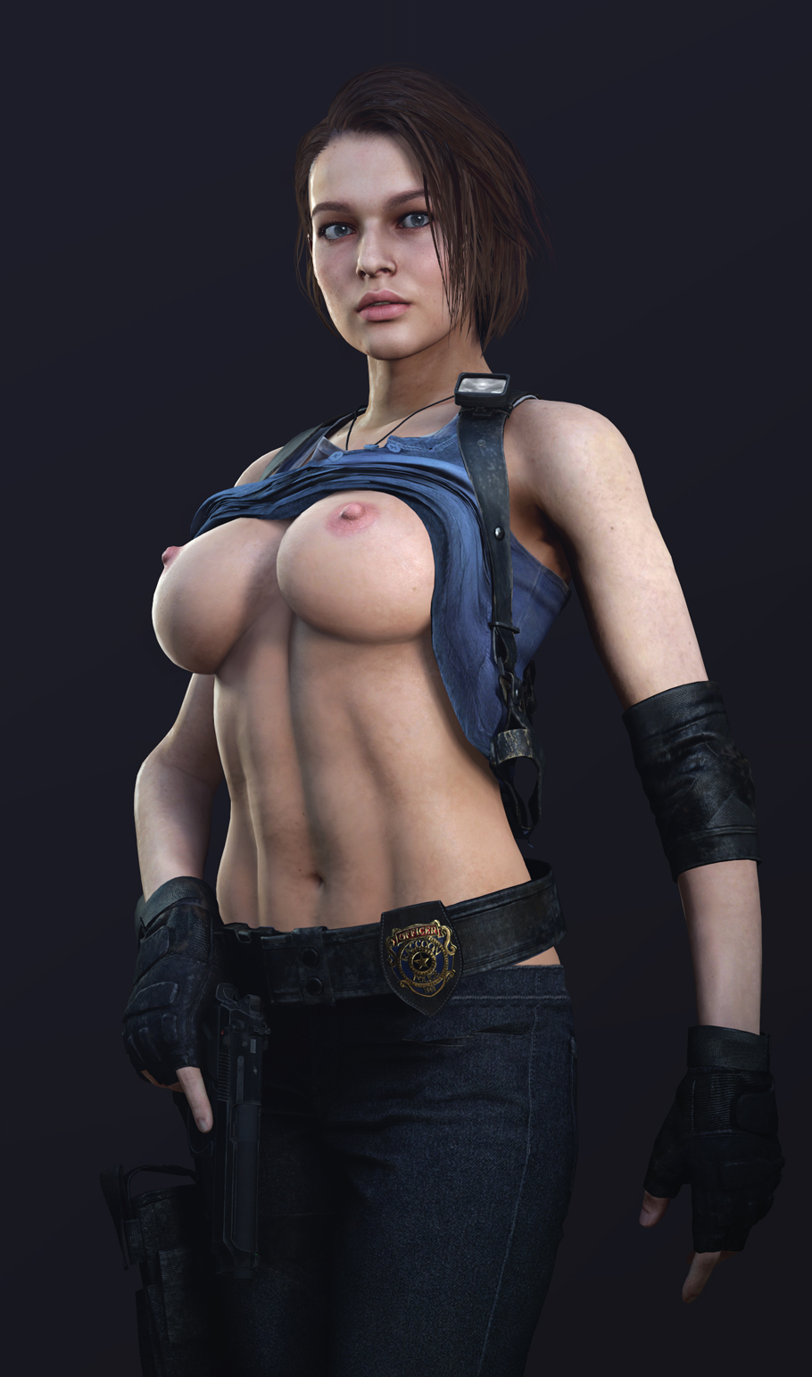 1girls 3d abs areolae athletic batesz big_breasts blue_eyes breasts breasts_out brown_hair capcom eyelashes female female_focus female_only firearm fit handgun jill_valentine jill_valentine_(sasha_zotova) large_breasts light-skinned_female navel nipples pants pistol police_badge pose posing resident_evil resident_evil_3 resident_evil_3_remake short_hair solo standing tank_top tank_top_lift thigh_holster toned toned_female weapon