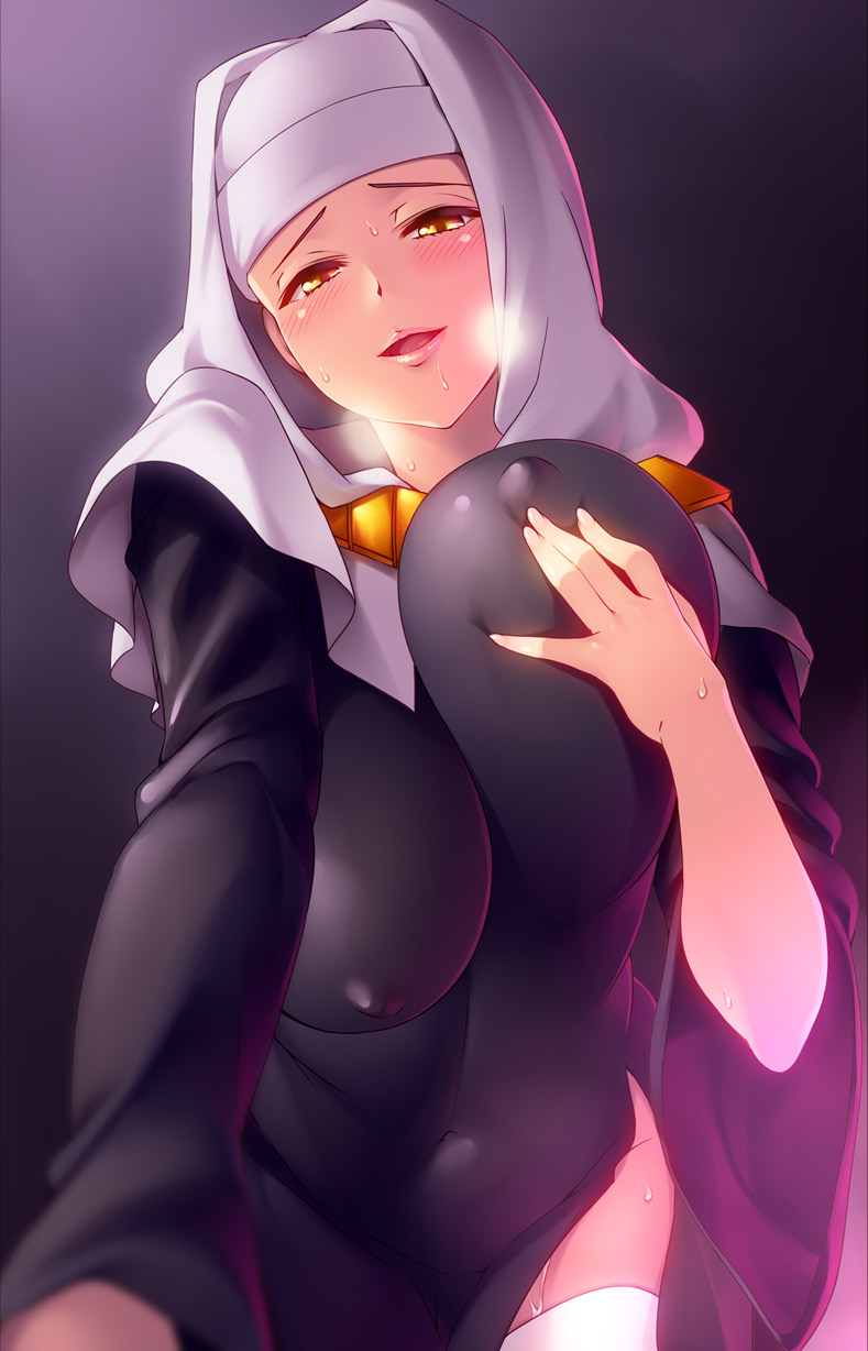 1girls 846-gou alternate_breast_size breast_grab eye_contact fate/grand_order fate_(series) female half-closed_eyes heavy_breathing huge_breasts long_breasts looking_at_viewer nun panting pov seductive seductive_smile self_fondle sesshouin_kiara source_request sweat thick_thighs wet