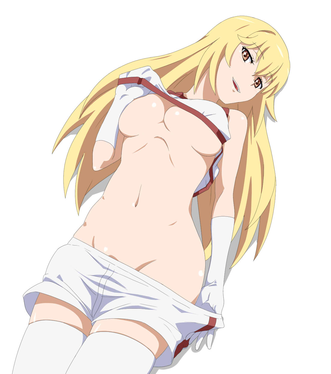 1girls blonde_hair breasts elbow_gloves female gloves gym_uniform high_resolution large_breasts long_hair navel no_bra no_panties nopan open_mouth ribonzu school_uniform schoolgirl shokuhou_misaki shorts solo star star-shaped_pupils symbol-shaped_pupils teenage_girl teenager to_aru_kagaku_no_railgun to_aru_majutsu_no_index undressing white_elbow_gloves white_gloves young