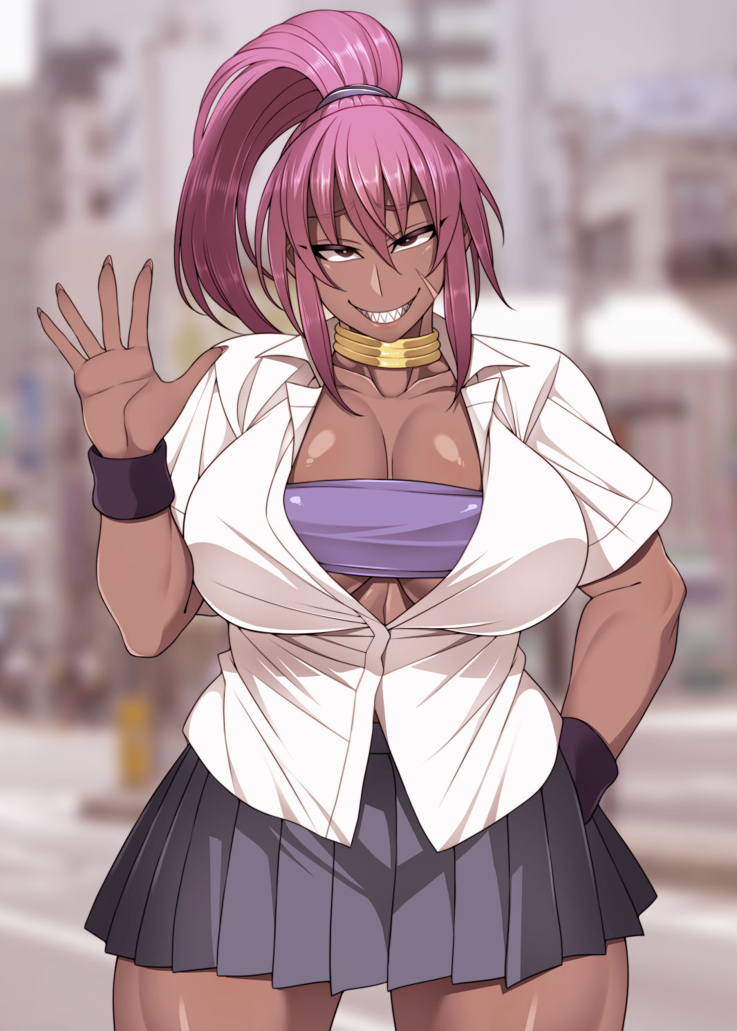 1girls, breasts, busty, dark skin, female, greeting, korotsuke, pink hair, scar, sharp teeth, skirt, smile, solo, standing, the creepy glasses girl, thighhighs, waving