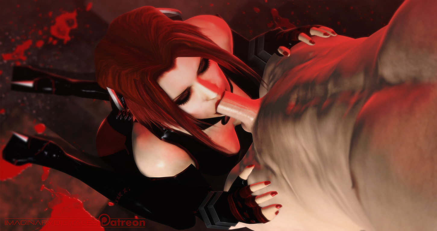 1boy, 1girls, 3d, bloodrayne, blowjob, boobs, breasts, closed eyes, dhampir, elbow gloves, female, half vampire, hands on another's thighs, heels, high heels, imaginarydigitales, latex suit, male, on knees, oral, oral sex, penis, rayne, red hair, redhead, short hair, sitting, vampire