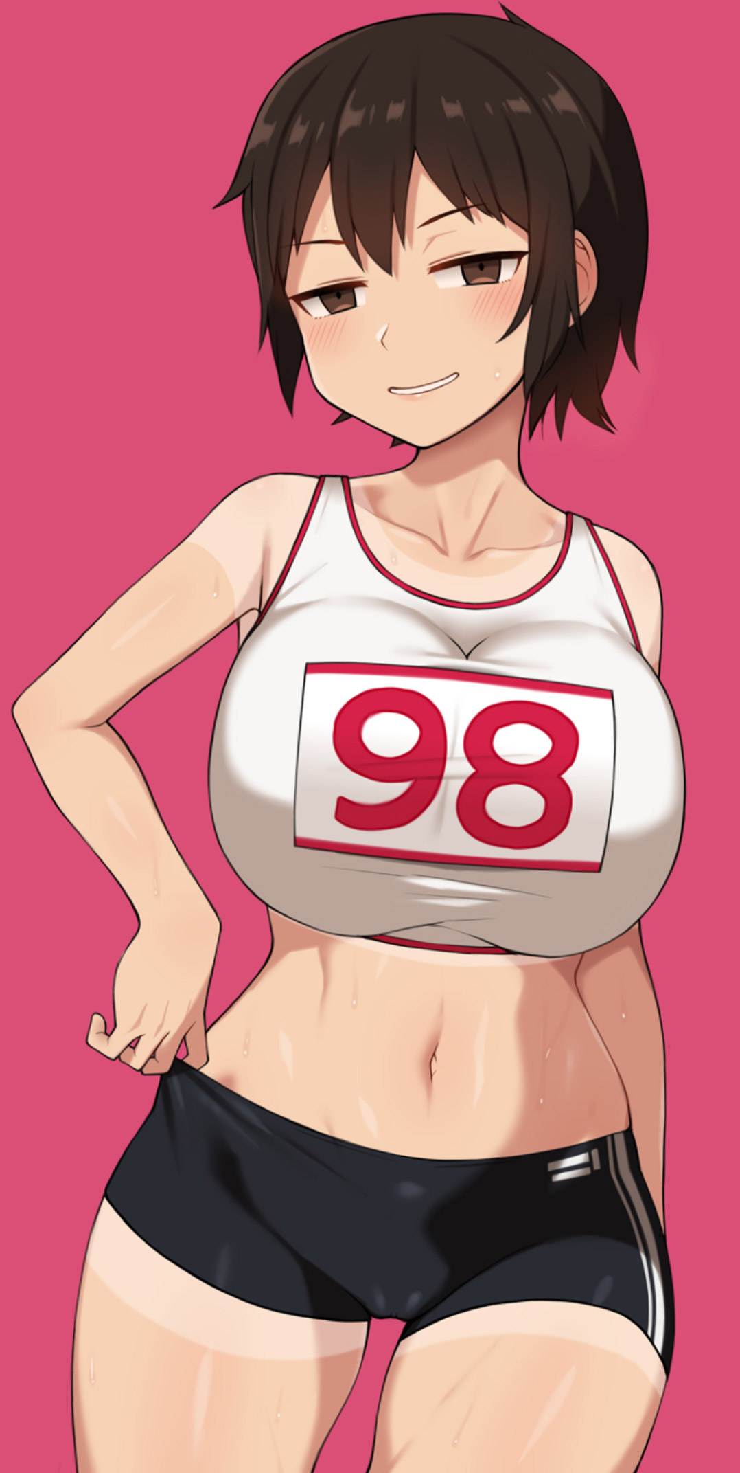 big breasts, breasts, brown eyes, brown hair, female, female only, looking at viewer, nt00, original character, shorts, smile, solo, solo female, solo focus, tanline, tomboy