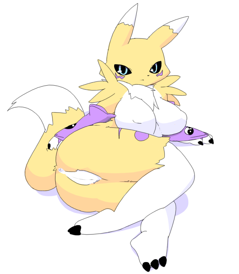 2015 anthro anus ass big_breasts black_sclera blue_eyes breasts canid canine digimon digimon_(species) female fur genitals kemono lets0020 looking_at_viewer lying mammal nipple_outline on_side presenting presenting_hindquarters pussy renamon solo white_body white_fur yellow_body yellow_fur