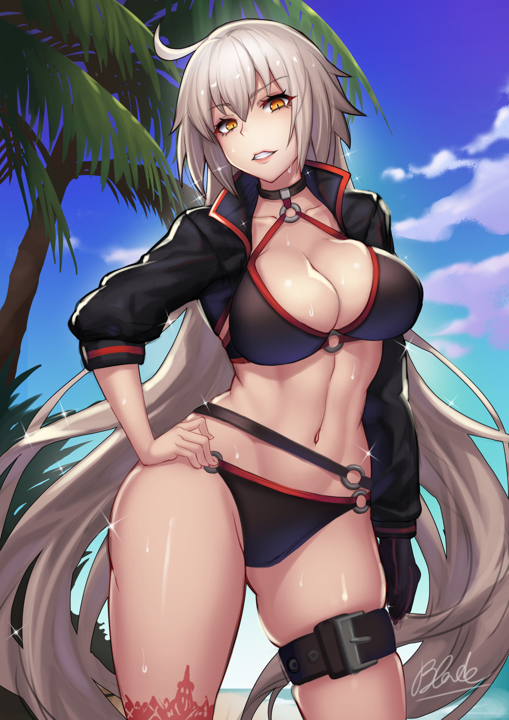 1girls, big breasts, blush, breasts, cleavage, fate (series), fate/grand order, female, female only, jeanne alter, jeanne alter (swimsuit berserker), large breasts, looking at viewer, qblade, solo