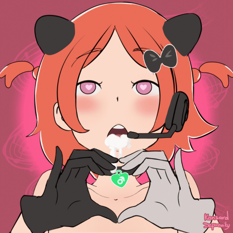 1boy cat_ears choker cum cum_in_mouth cute femboy girly gloves headset heart-shaped_pupils kansard_depravity male male_only orange_hair solo