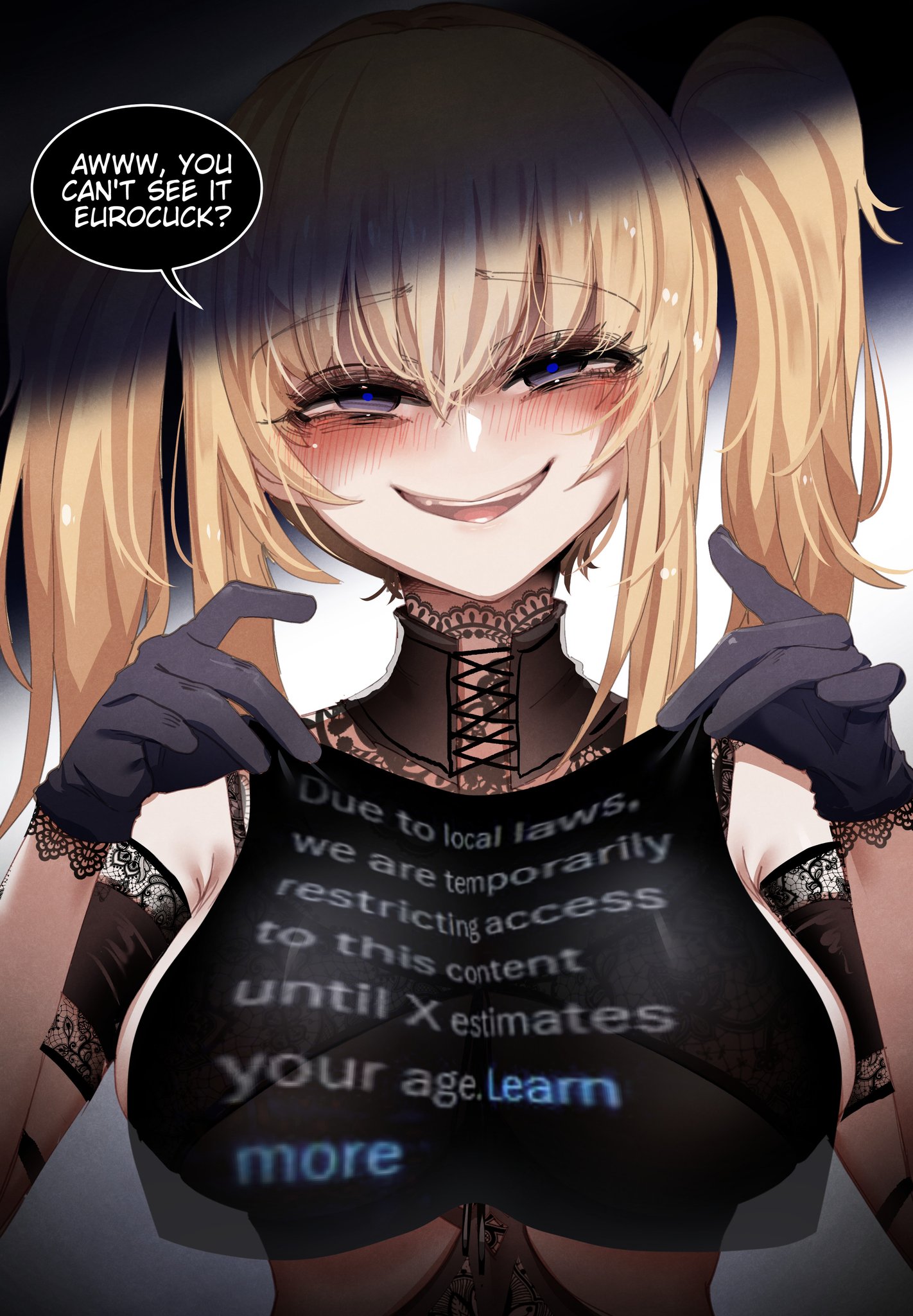 big breasts, blonde hair, blush, breasts, censored, due to local laws, english dialogue, english text, female, gag censor, gloves, grok, horny female, light skin, light-skinned female, merryweather, merryweatherey, online safety act, solo, speech bubble, talking to viewer, teasing, twintails