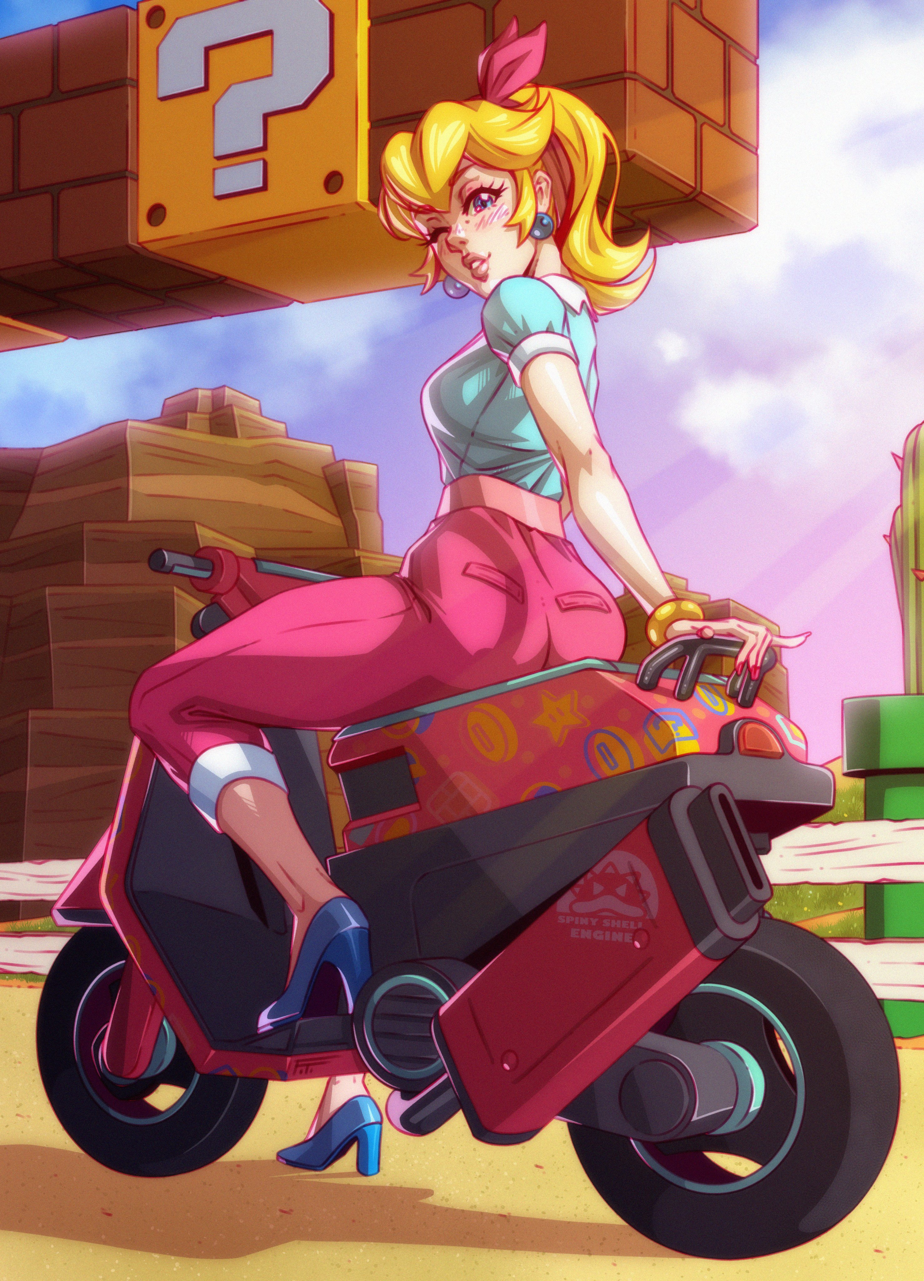 1girls, blonde hair, blue eyes, curvy, earrings, female, fitiddies, hair ribbon, high heels, light skin, light-skinned female, mario (series), mario kart, mario kart world, motorbike, nintendo, pinup, princess peach, princess peach (sightseeing), round ass, wink