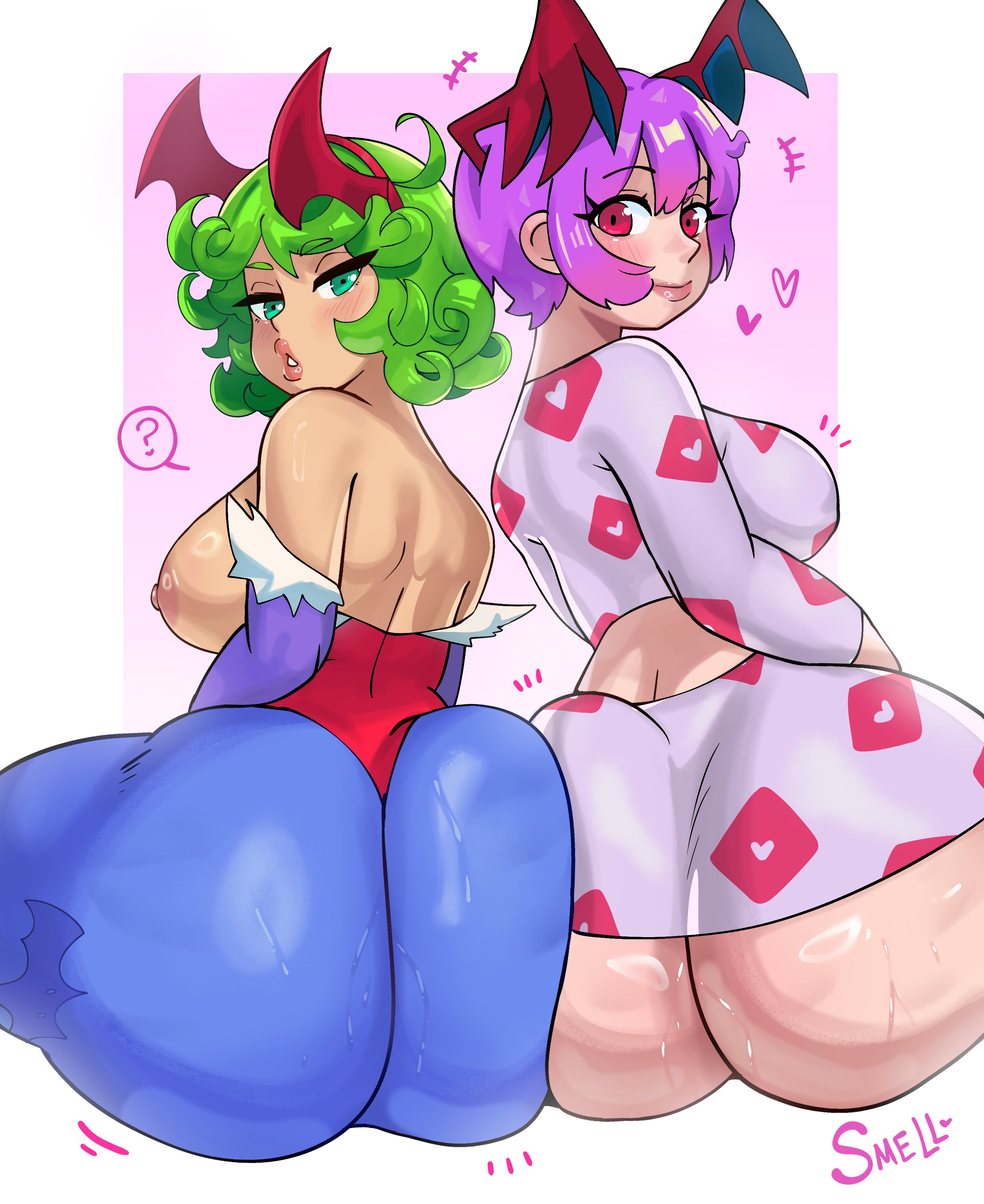 2girls, ass, ass focus, capcom, cosplay, crossover, darkstalkers, female, female only, green hair, light skin, light-skinned female, lilith aensland, lilith aensland (cosplay), looking at viewer, looking back, multiple females, multiple girls, one-punch man, outfit swap, pink hair, short hair, smell cheese, smile, smiling, smiling at viewer, succubus, tatsumaki