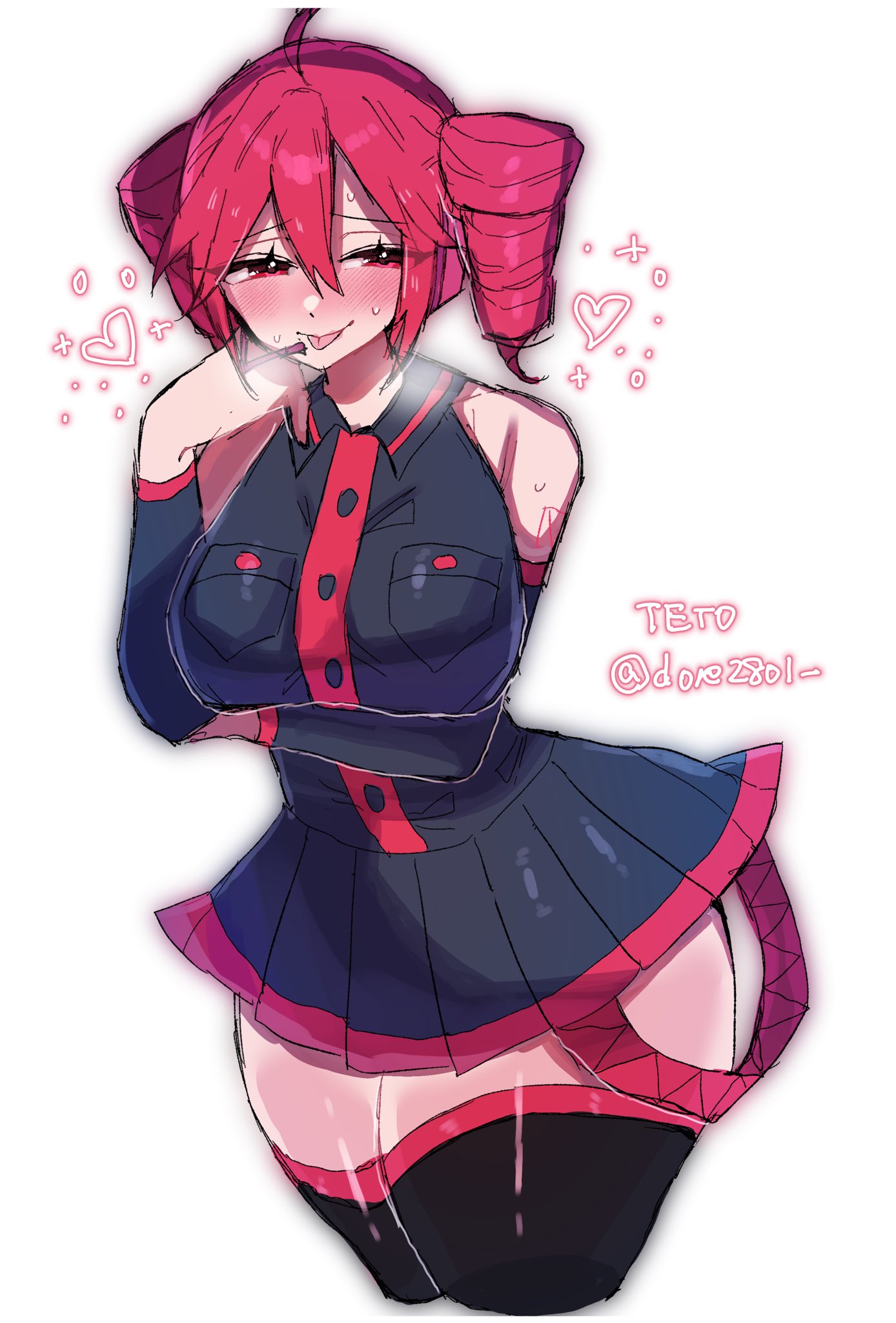 1girls, 2d, 2d (artwork), ahoge, arm under breasts, artist name, big breasts, big thighs, blush, blush lines, breasts, breath cloud, clothed, clothed female, clothing, curvaceous, curvy, curvy female, curvy figure, detached sleeves, dore2801, fat thighs, female, female only, fully clothed, half-closed eyes, headgear, heart, hearts around head, hourglass figure, huge breasts, huge thighs, kasane teto, large breasts, large thighs, massive thighs, miniskirt, red eyes, red hair, shiny skin, simple background, skirt, slim waist, small waist, solo, solo female, steam, steamy breath, sweat, sweating, thick thighs, thighhighs, thighs, tongue, tongue out, twin drills, utau, voluptuous, voluptuous female, white background, wide hips