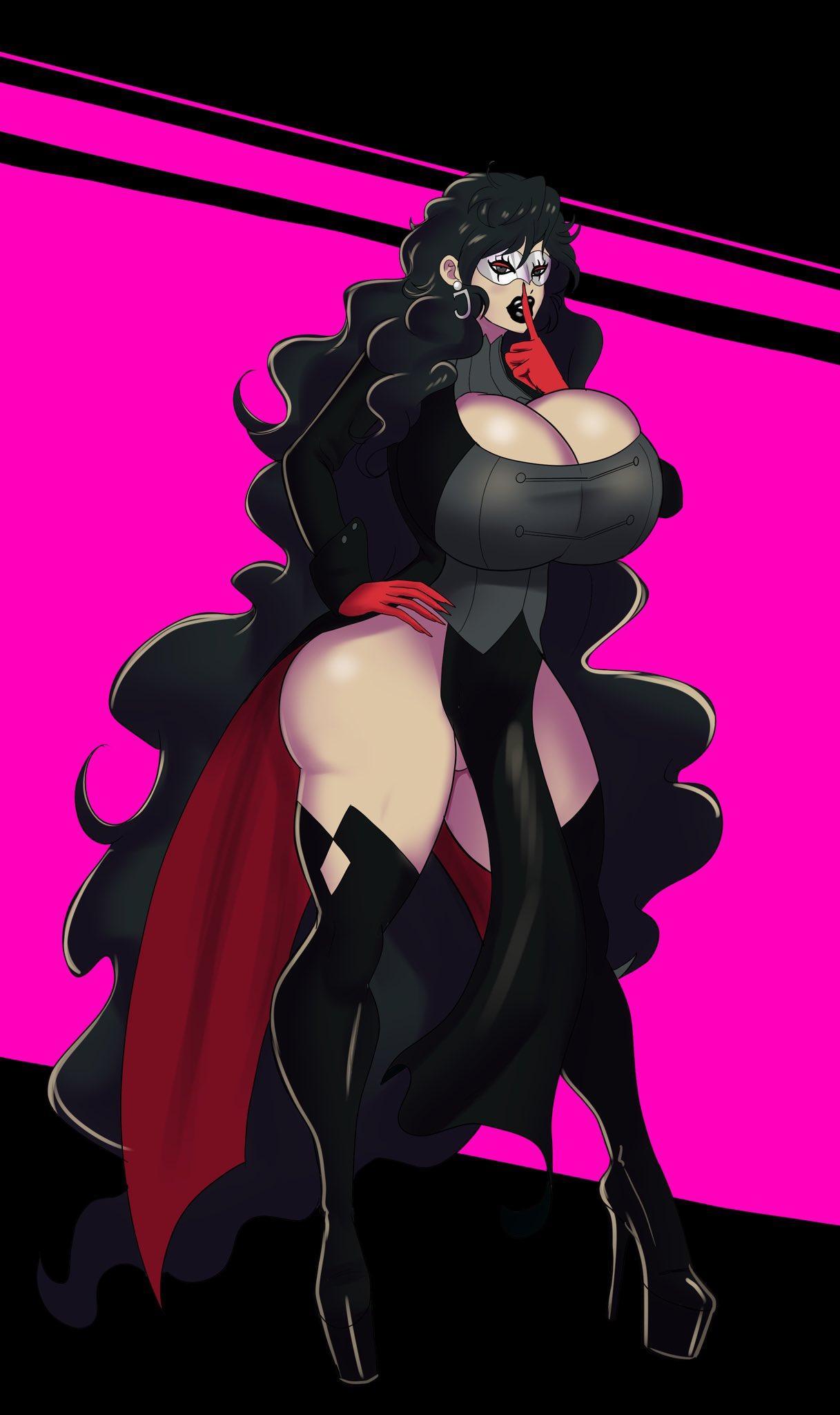 1girls, annon, big ass, big lips, bimbo, bimbo body, bimbo lips, bimbofication, bimbofied, black boots, black eyes, black hair, black lips, black lipstick, boob window, boots, breasts, breasts bigger than head, cleavage, clothed, clothed female, clothing, earrings, eyeshadow, female, female only, finger on lip, full lips, genderswap, genderswap (mtf), gloves, hand on hip, hand on own hip, high heels, huge breasts, human, joker (persona), large breasts, light skin, light-skinned female, lipstick, long black boots, long boots, long hair, mask, masked, masked female, pale skin, persona, persona 5, phantom thief suit, platform boots, plump lips, red eyeshadow, red gloves, ren amamiya, revealing clothes, rule 63, solo, solo female, thick thighs, voluptuous, voluptuous female, wide hips